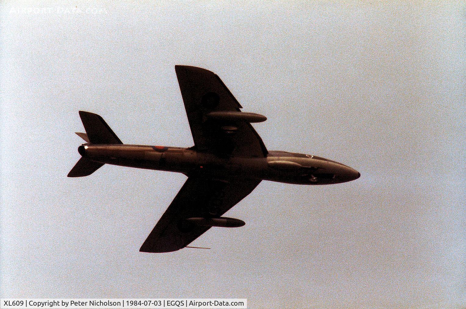 XL609, 1958 Hawker Hunter T.7 C/N 41H-695343, Hunter T.7 of 12 Squadron  in the circuit at RAF Lossiemouth in the Summer of 1984.