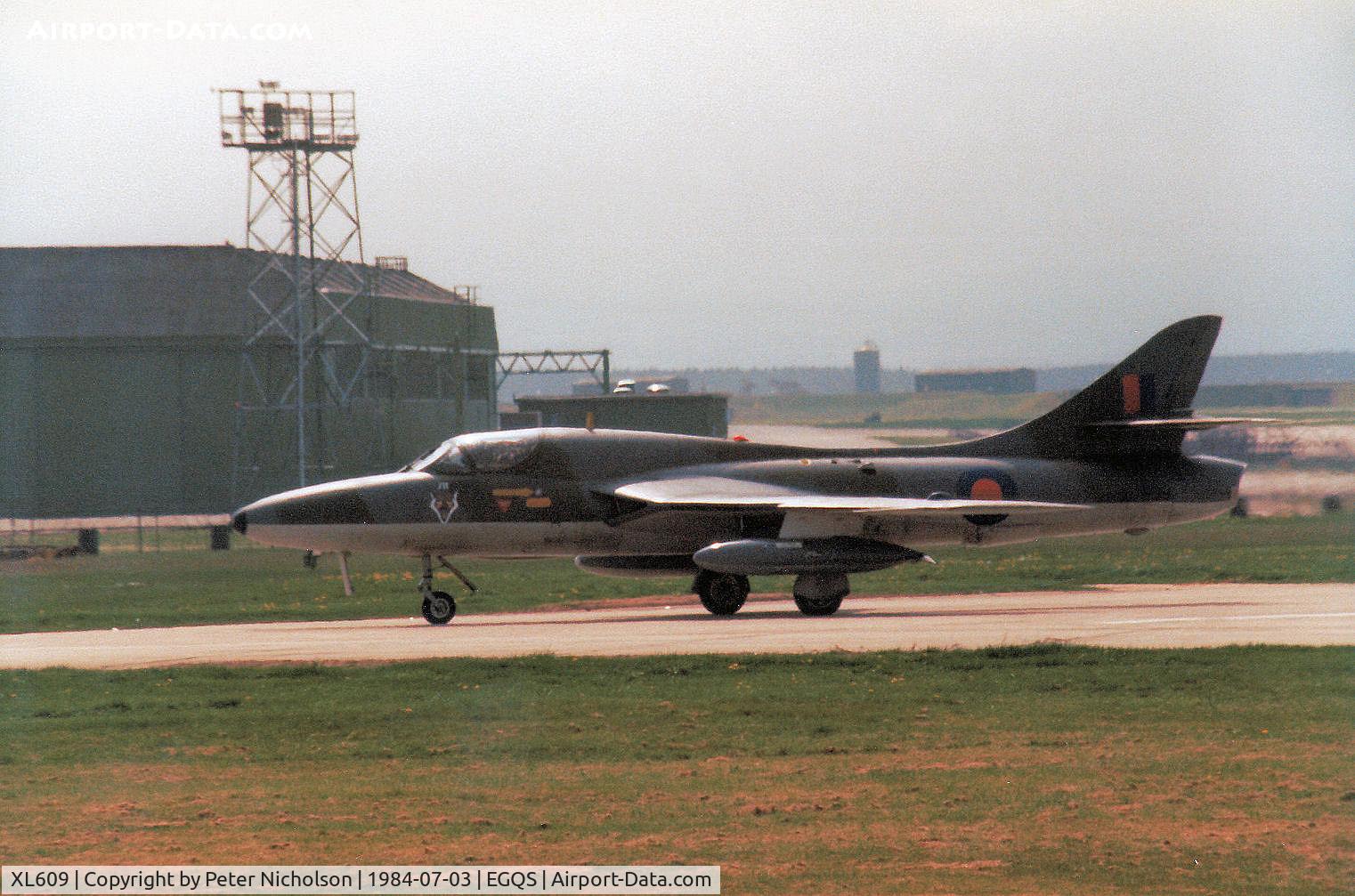 XL609, 1958 Hawker Hunter T.7 C/N 41H-695343, Hunter T.7 of 12 Squadron taxying after landing at RAF Lossiemouth in the Summer of 1984.