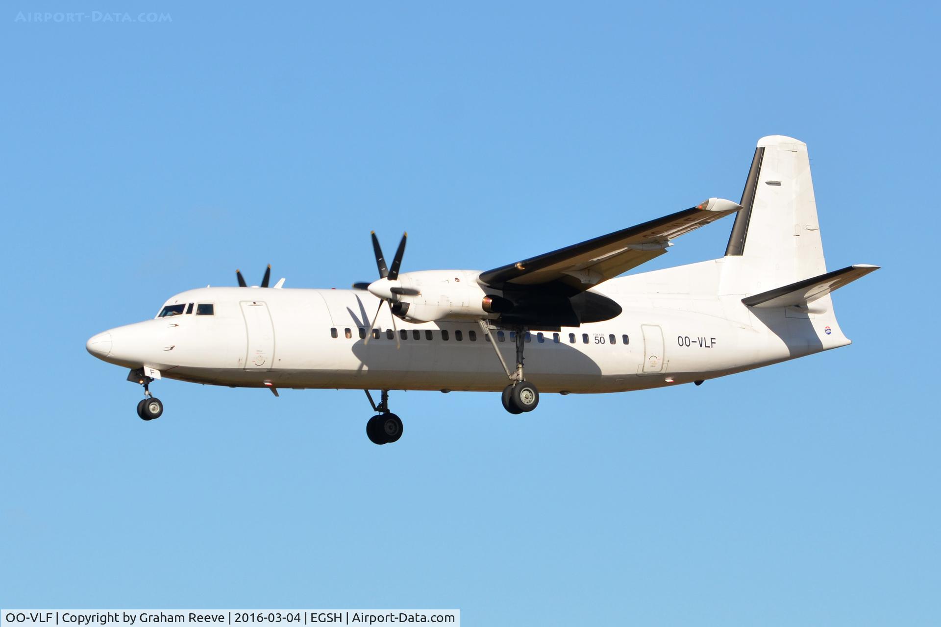 OO-VLF, 1991 Fokker 50 C/N 20208, Landing at Norwich in an all white scheme.