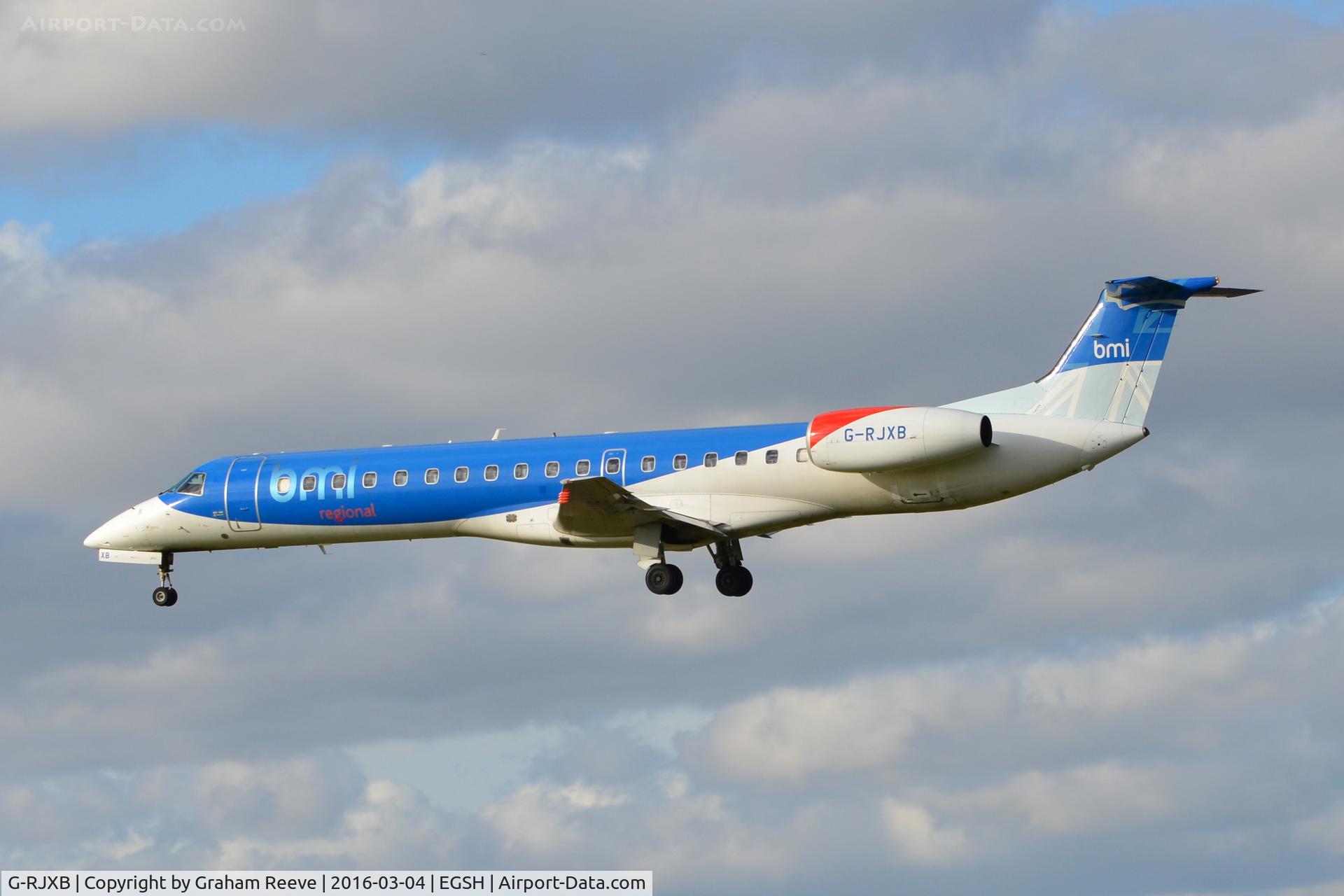 G-RJXB, 1999 Embraer EMB-145EP (ERJ-145EP) C/N 145142, Landing at Norwich.