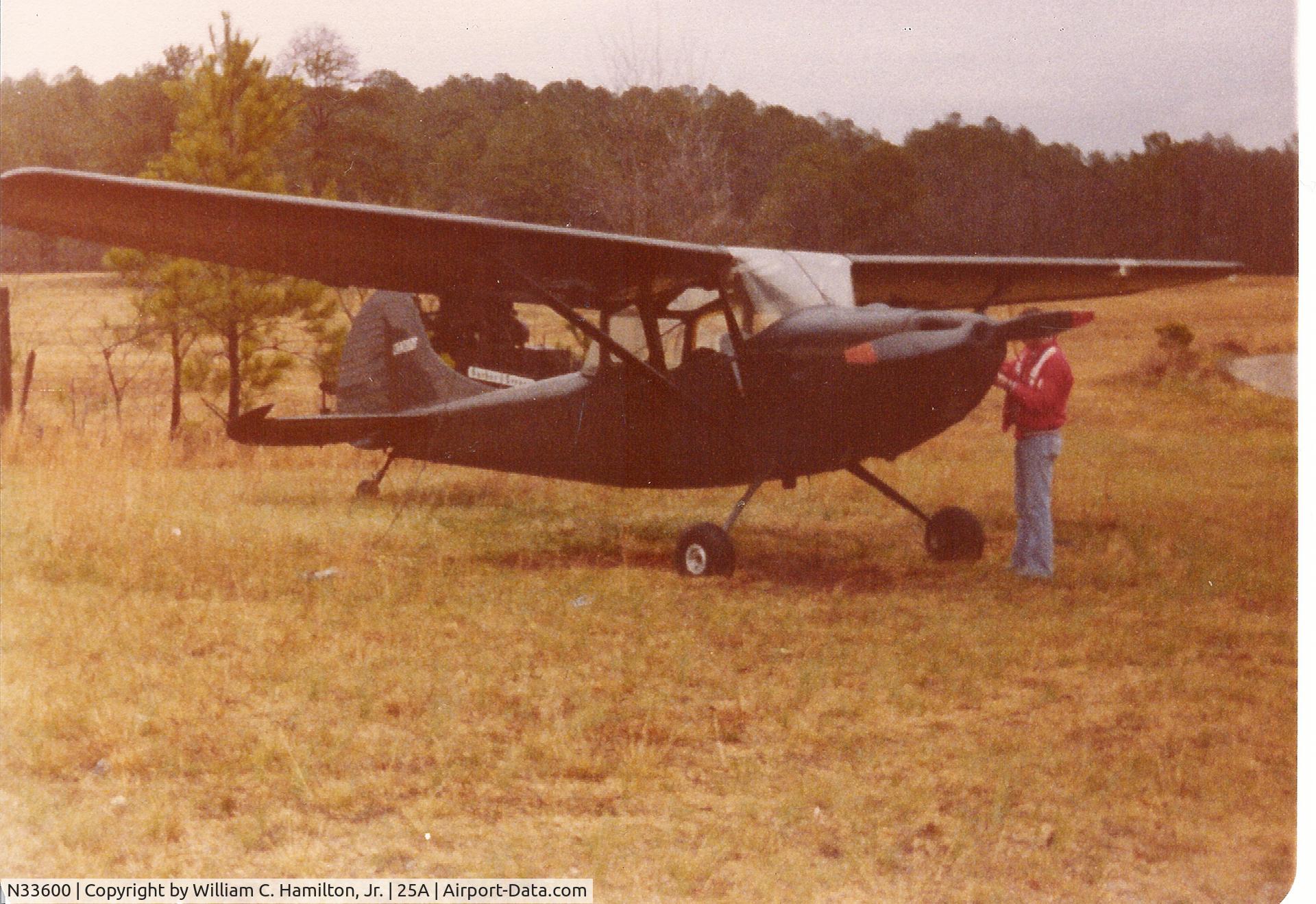 N33600, 1951 Cessna O-1A (305A) Bird Dog C/N 22303, Photo is circa 1979.  N33600 was operated by the Fort McClellan Flying Club based at McMinn Airport (25A) in Weaver, AL.  Gent in the picture was a flight instructor at the airport.  He is now a very senior Captain for FedEx.  Airport is now closed.