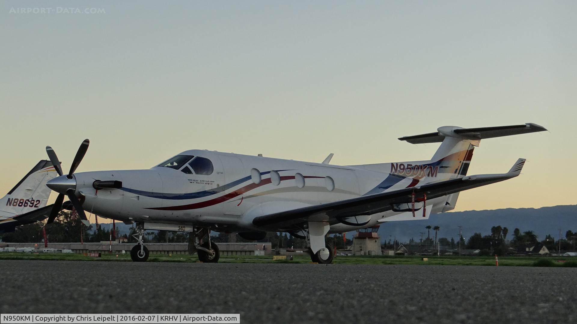 N950KM, 2004 Pilatus PC-12/45 C/N 540, Absoroka LLC (Colorado Springs, CO) 2004 Pilatus PC-12/45 parked on the transient ramp as the sun sets at Reid Hillview Airport, San Jose, CA.