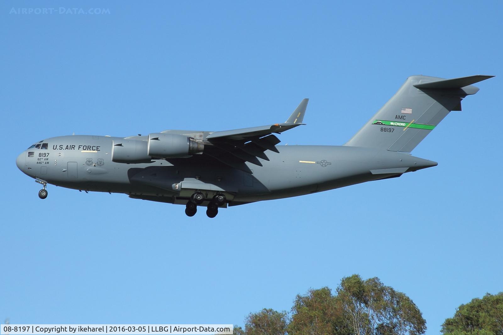 08-8197, 2008 Boeing C-17A Globemaster III C/N 50220/F219/P197, USAF cargo flight, final on runway 30.