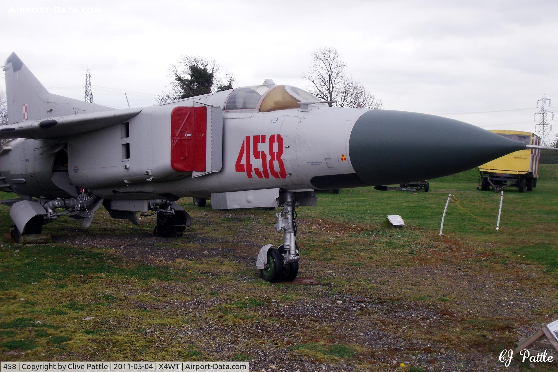 458, Mikoyan-Gurevich MiG-23ML C/N 024003607, On display at the Newark Air Museum, Winthorpe, Nottinghamshire. X4WT