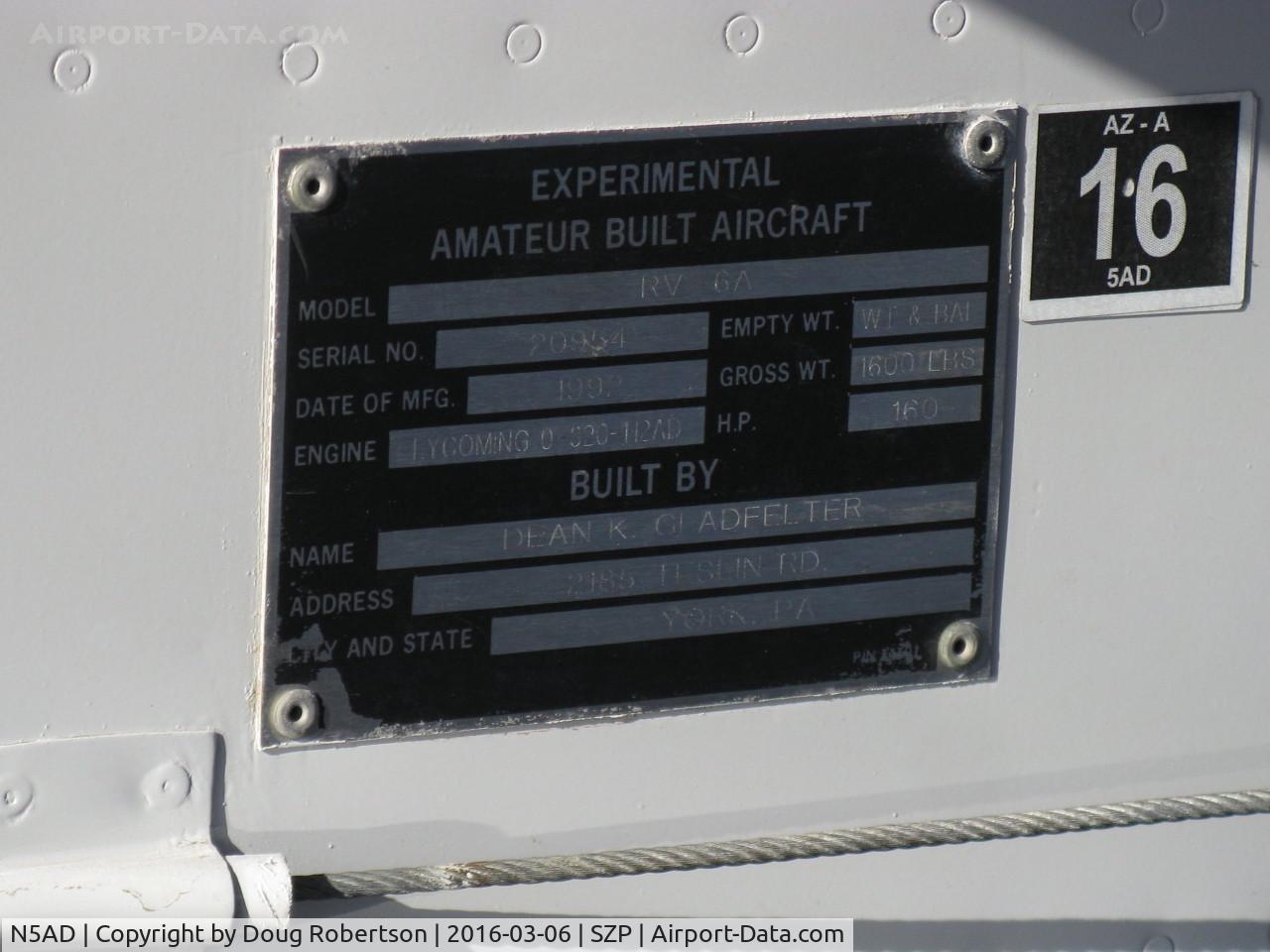 N5AD, 1992 Vans RV-6A C/N 20954, 1992 Adfelter VAN's RV-6A, Lycoming O-320-H2AD 160 Hp, data plate