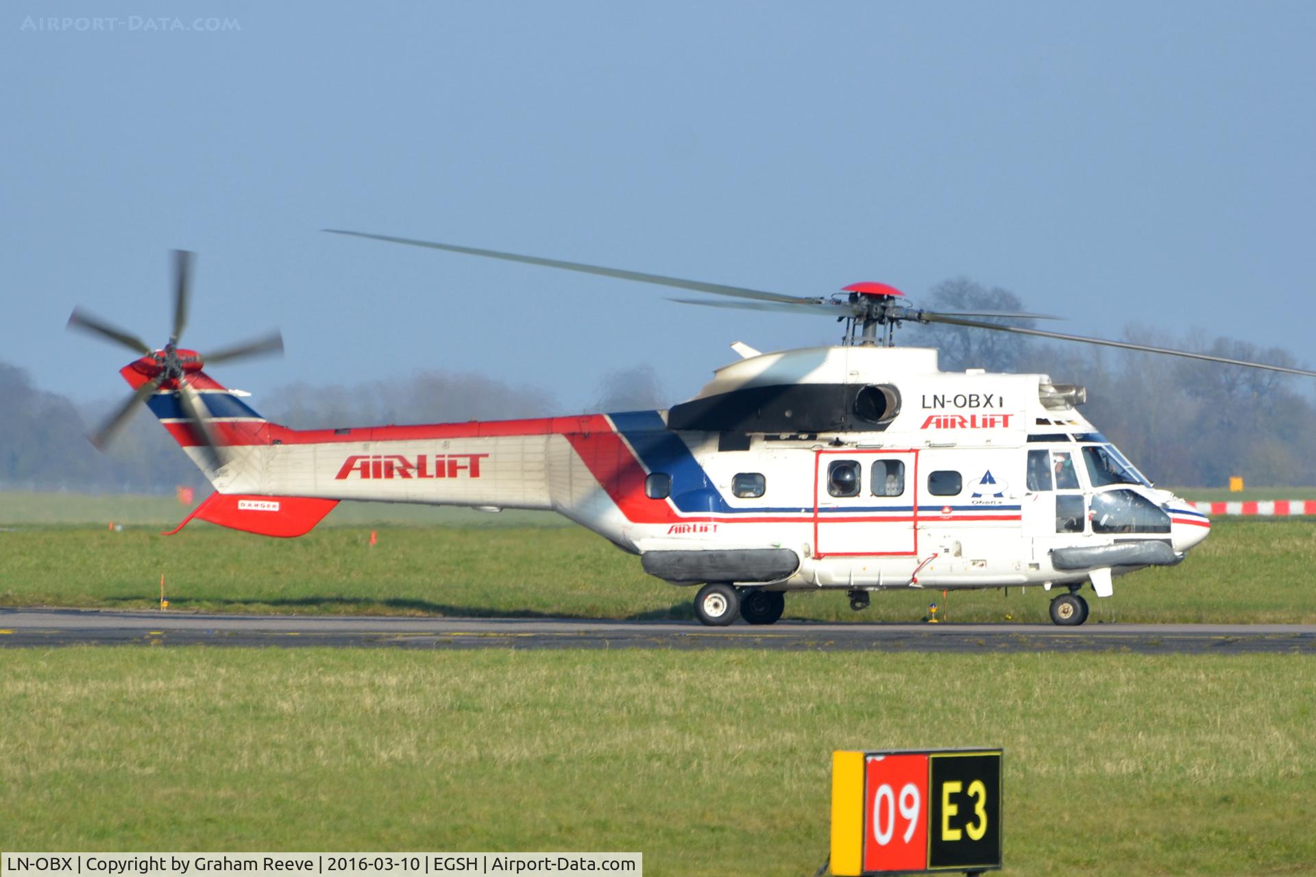 LN-OBX, 1980 Aerospatiale AS-332C-1 Super Puma C/N 2001, Just landed at Norwich.