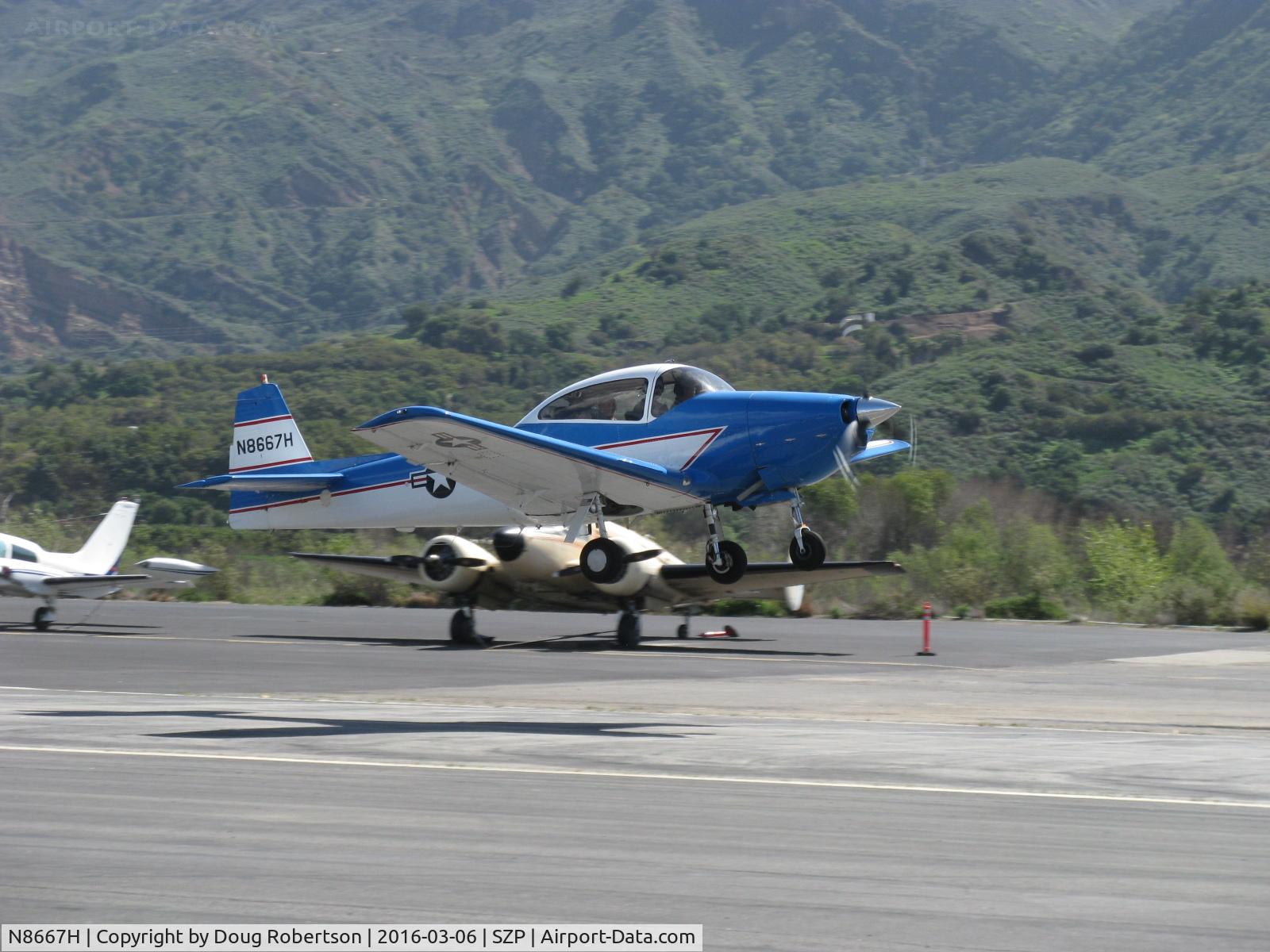 N8667H, 1947 North American Navion C/N NAV-4-667, 1947 North American NAVION, Continental IO-520 285 Hp upgrade, takeoff climb Rwy 22, Young Eagles flight