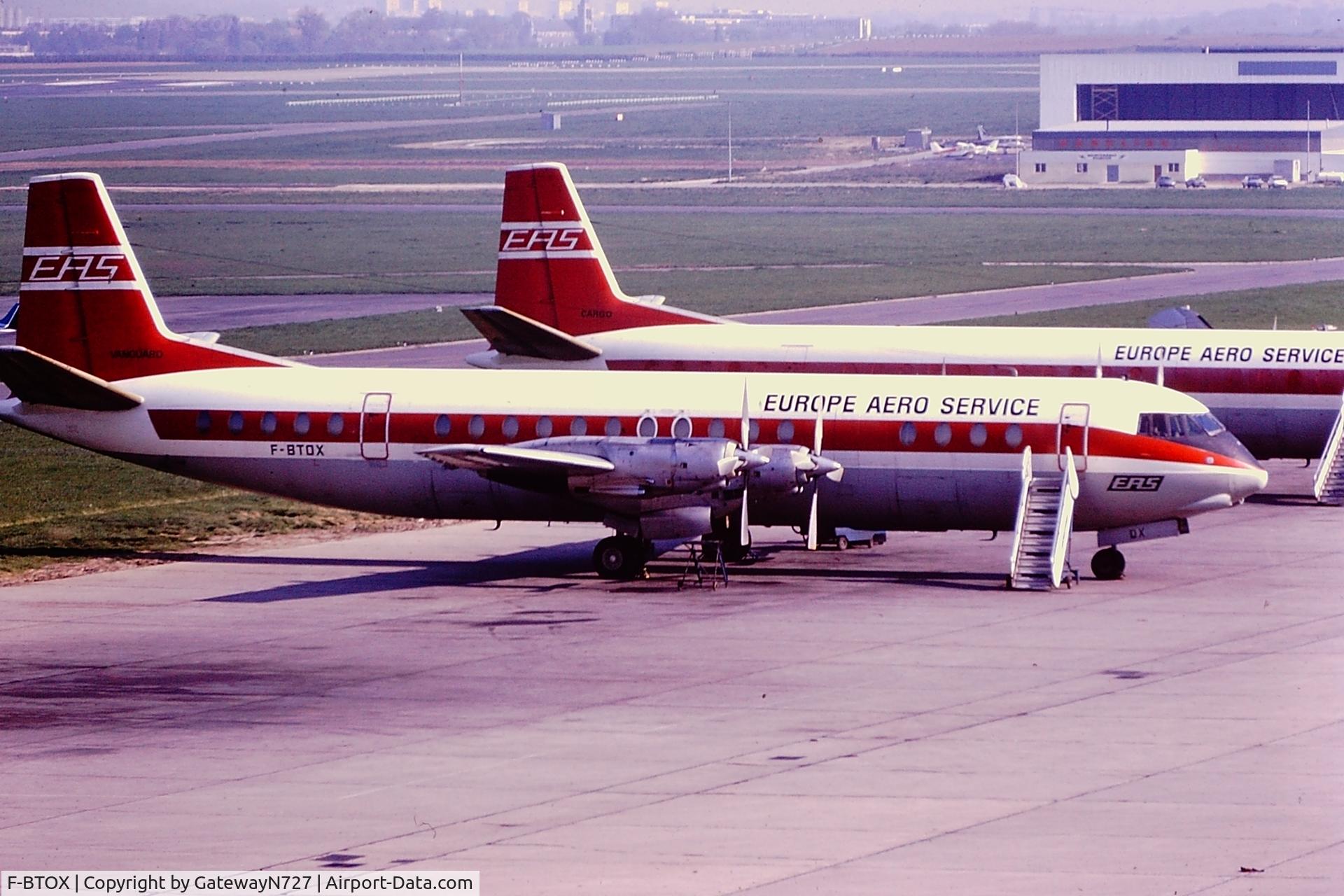 F-BTOX, 1960 Vickers Vanguard 952 C/N 726, Delivered to Trans Canada, Dec., 1960, then to Air Canada, finally to EAS June, 1972. Broken up in 1980.