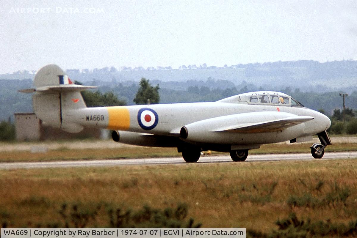 WA669, 1950 Gloster Meteor T.7 C/N Not found WA669, Gloster Meteor T.7 [WA669] (Royal Air Force) RAF Greenham Common~G 07/07/1974. From a slide.