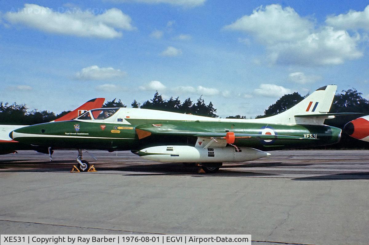 XE531, 1956 Hawker Hunter T.12 C/N 41H/679906, Hawker Hunter T.12 [41H/679906] (Royal Air Force) RAF Greenham Common~G 01/08/1976. From a slide.