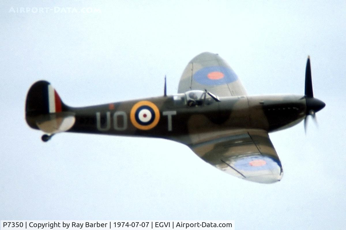 P7350, 1940 Supermarine 329 Spitfire IIa C/N CBAF.14, Supermarine Spitfire IIa [CBAF.14] (Royal Air Force) RAF Greenham Common~G 07/07/1974. From a slide.