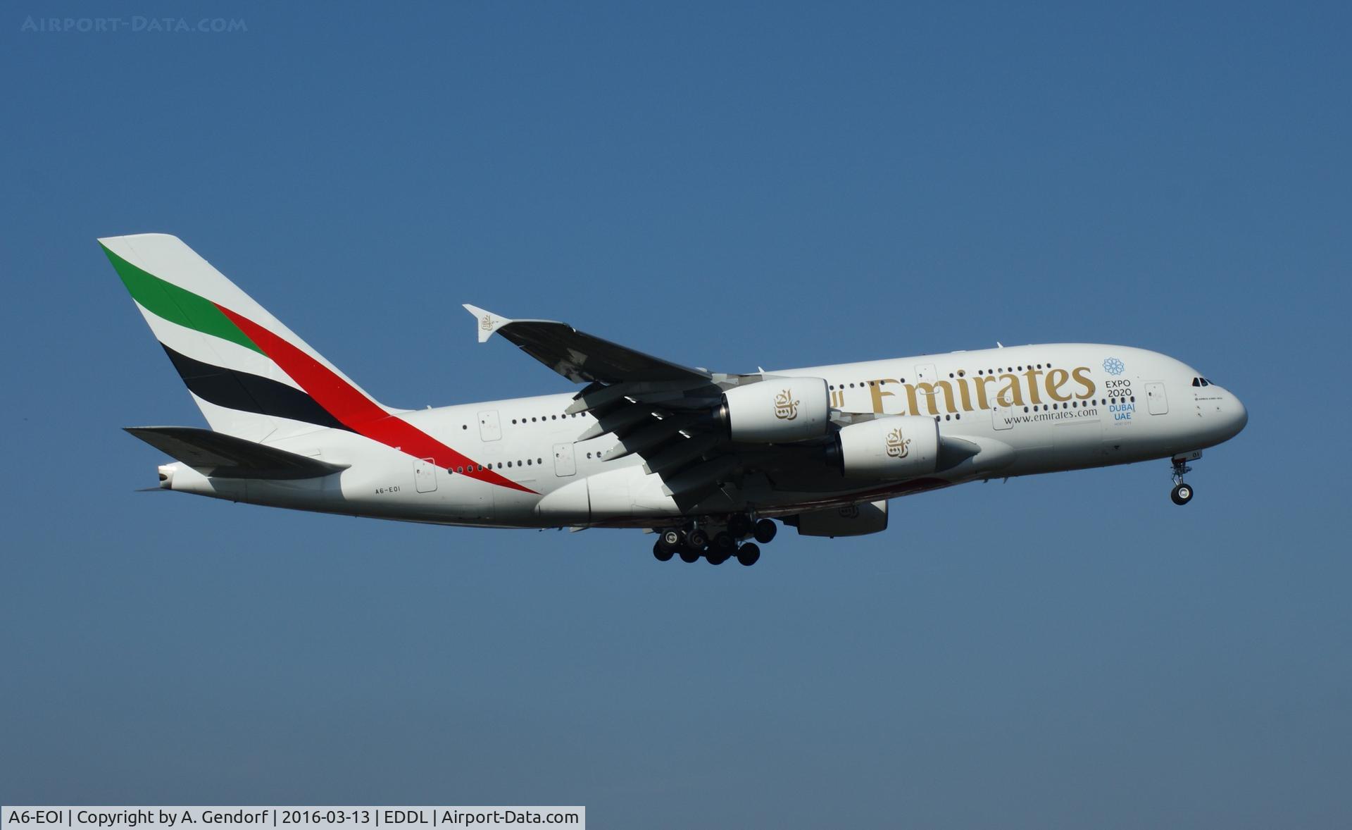 A6-EOI, 2014 Airbus A380-861 C/N 178, Emirates, is here completing the flight from Dubai(OMDB) to Düsseldorf Int'l(EDDL)