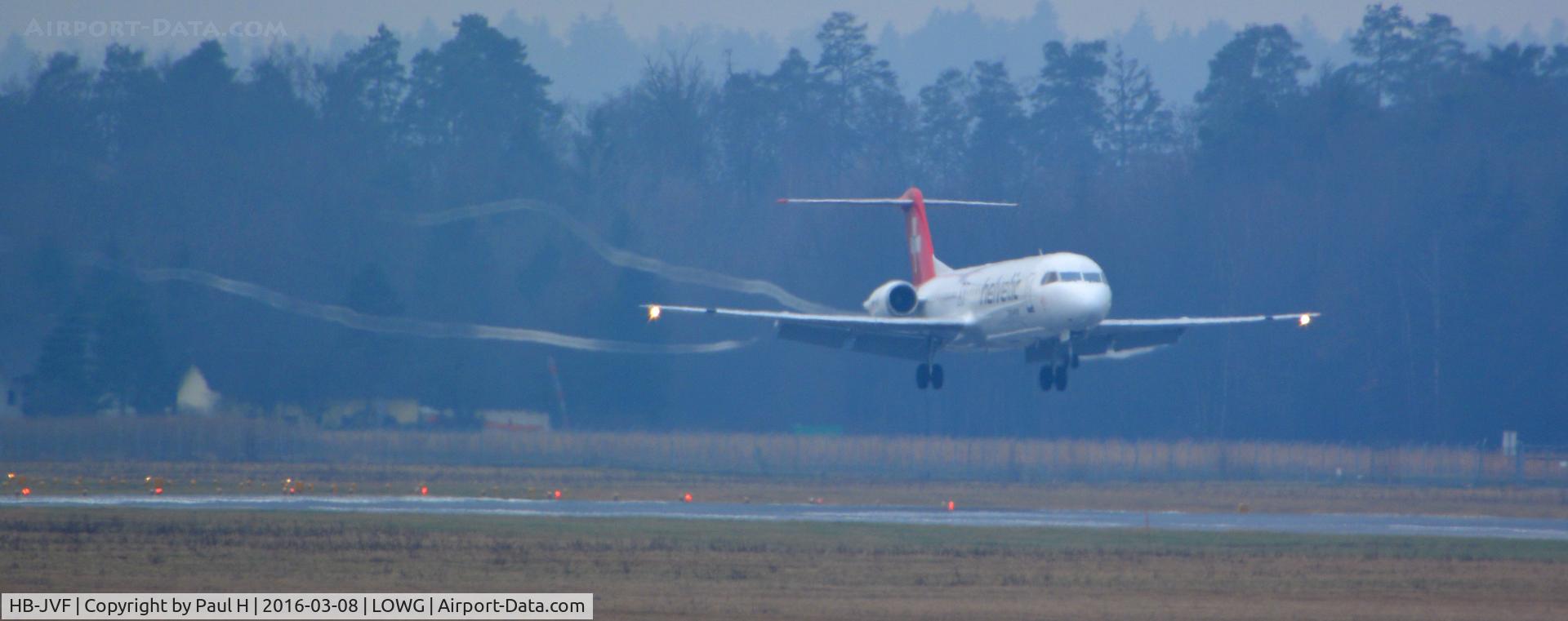 HB-JVF, 1993 Fokker 100 (F-28-0100) C/N 11466, Landing on a cloudy day