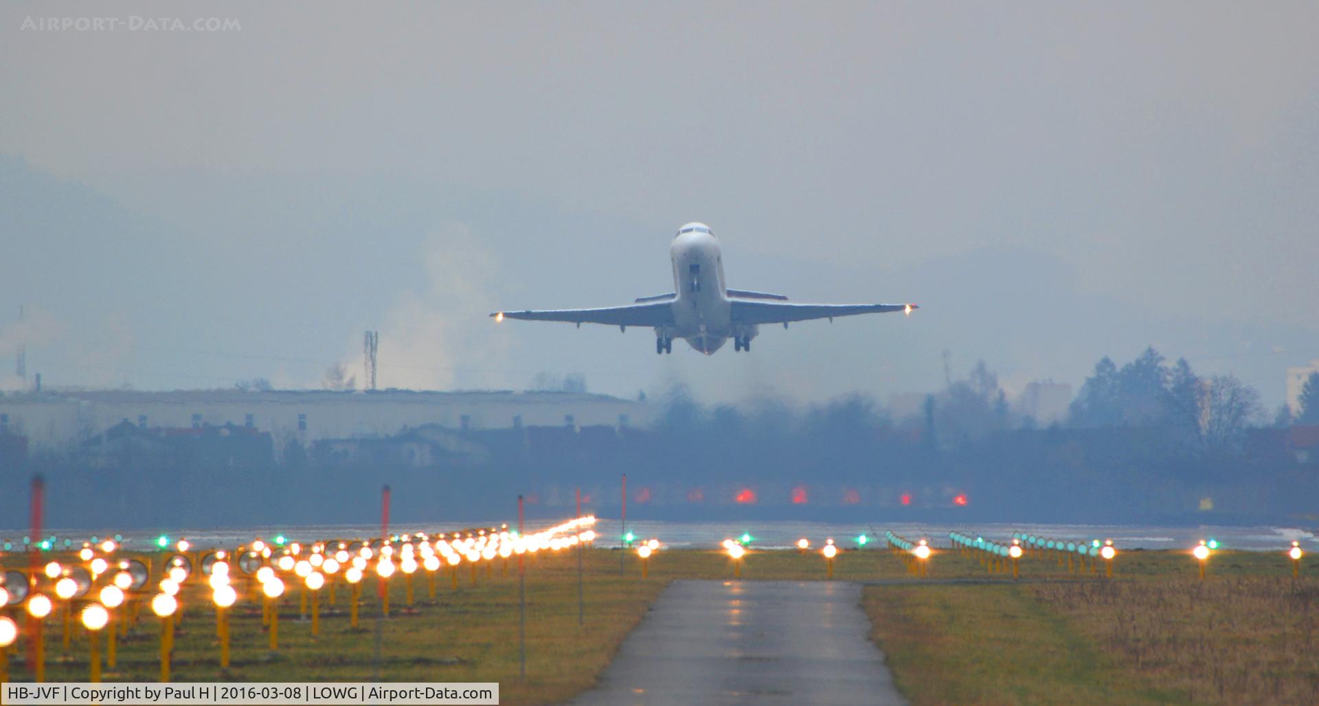 HB-JVF, 1993 Fokker 100 (F-28-0100) C/N 11466, Taking-off into a cloudy sky