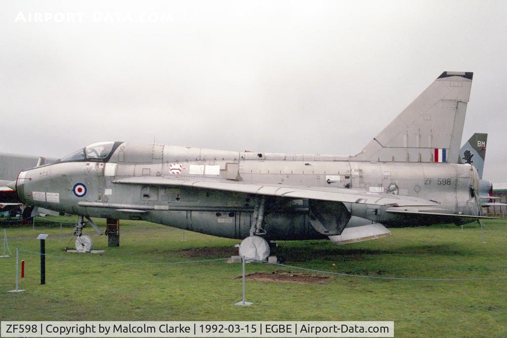 ZF598, English Electric Lightning T.55 C/N B1/95026, English Electric Lightning T55 at The Midland Air Museum in March 1992.