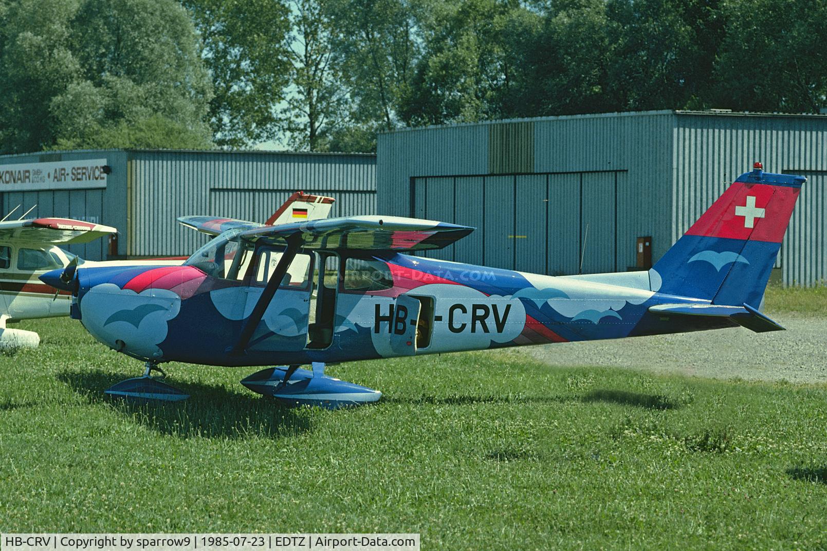 HB-CRV, 1962 Cessna 175C Skylark Skylark C/N 17557046, A somewhat unconventional paint scheme. It made people talk to the crew. Landed at Konstanz. Sold to Germany in 1993, destroyed in hurricane Lothar 1999-12-26. Scanned from a slide. HB-registered from 1962-06-04 until 1993-02-16.
