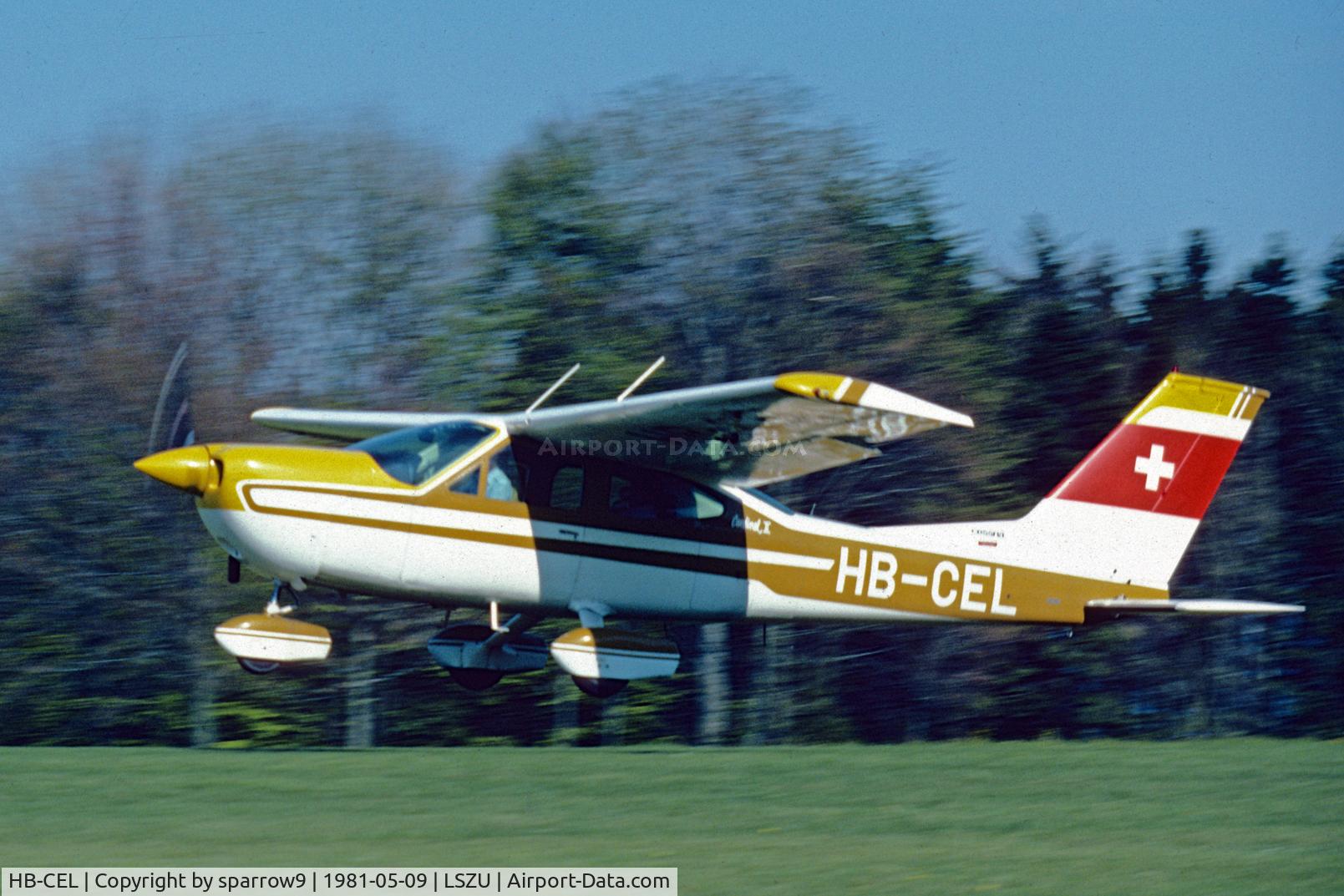 HB-CEL, 1975 Cessna 177B Cardinal Cardinal C/N 17702274, Taking off from the fine grass runway at Buttwil.
Scaned from a slide.