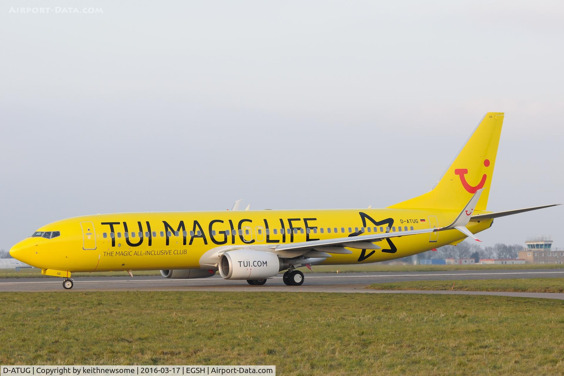D-ATUG, 2006 Boeing 737-8K5 C/N 34688, Leaving Norwich as 'Magic Life' logo jet !
