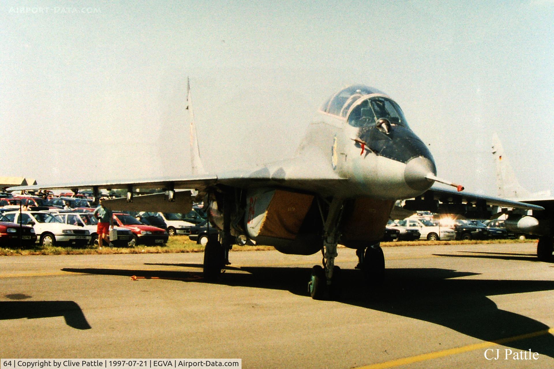 64, Mikoyan-Gurevich MiG-29UB C/N N50903014664, Polish A.F. on display at RIAT '97 RAF Fairford EGVA - scanned from print.