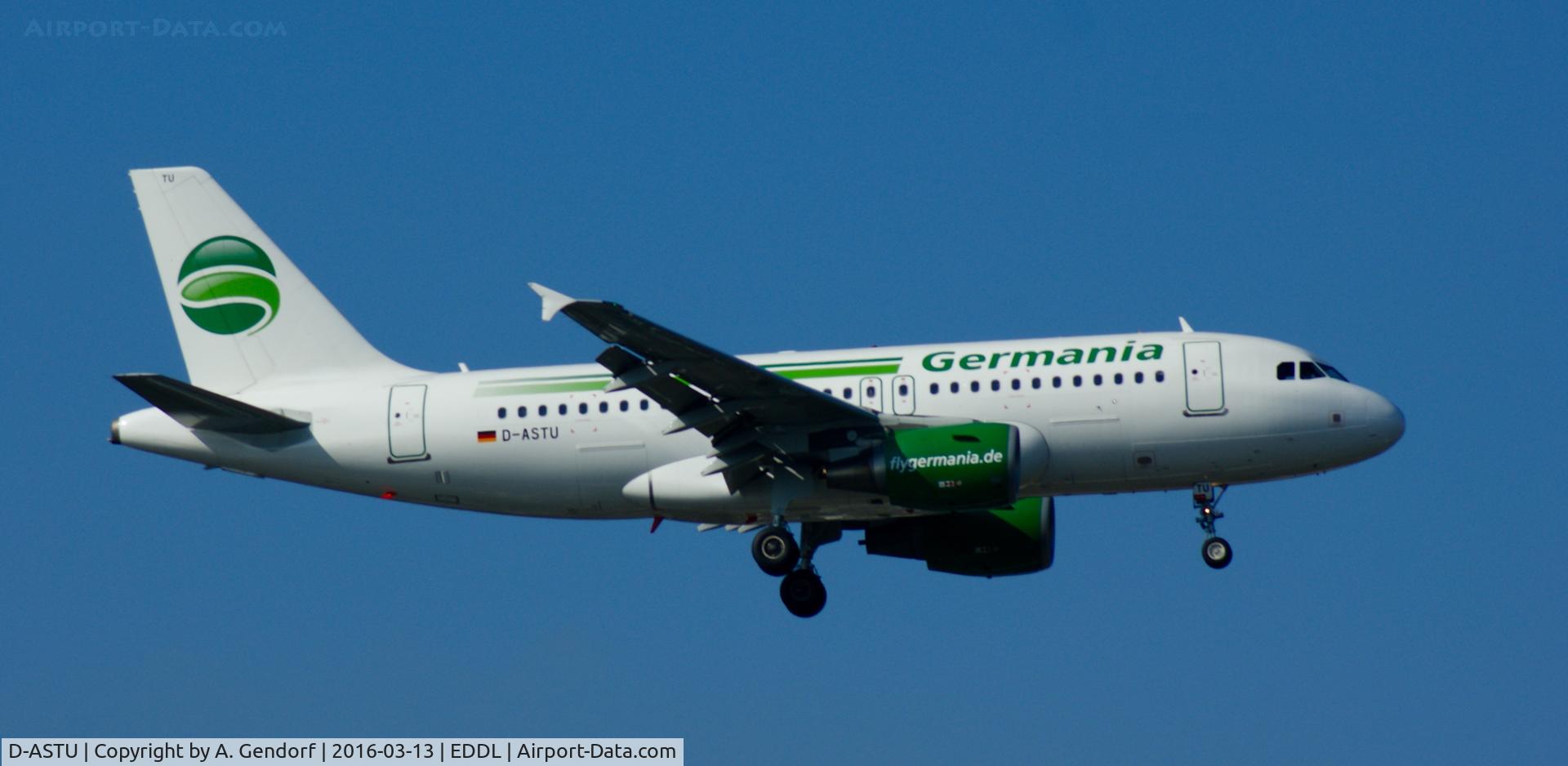 D-ASTU, 2008 Airbus A319-112 C/N 3533, Germania, is here landing at Düsseldorf Int'l(EDDL)