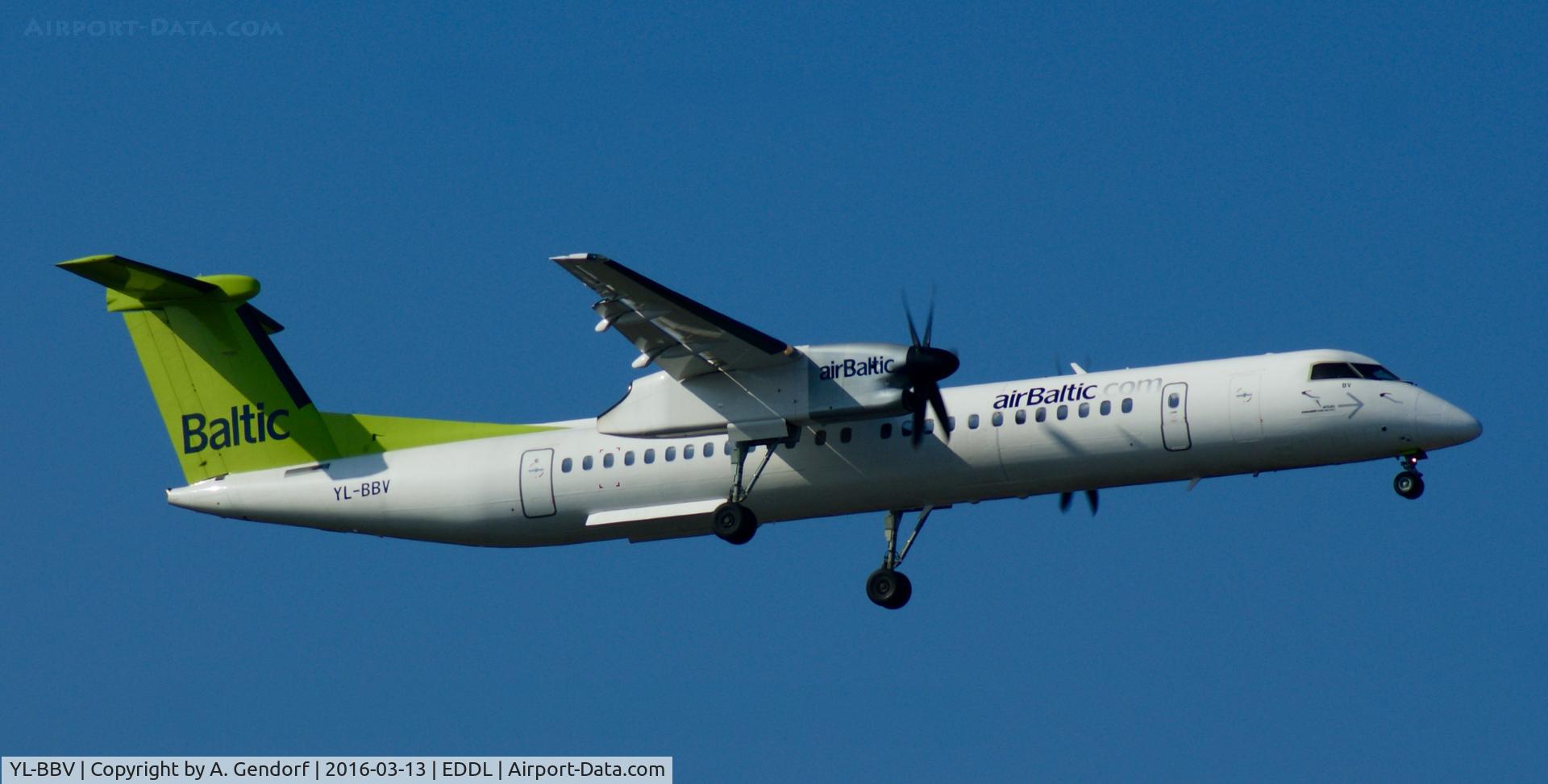 YL-BBV, 2013 De Havilland Canada DHC-8-402Q Dash 8 C/N 4444, Air Baltic, is here on finals RWY 05R at Düsseldorf Int'l(EDDL)
