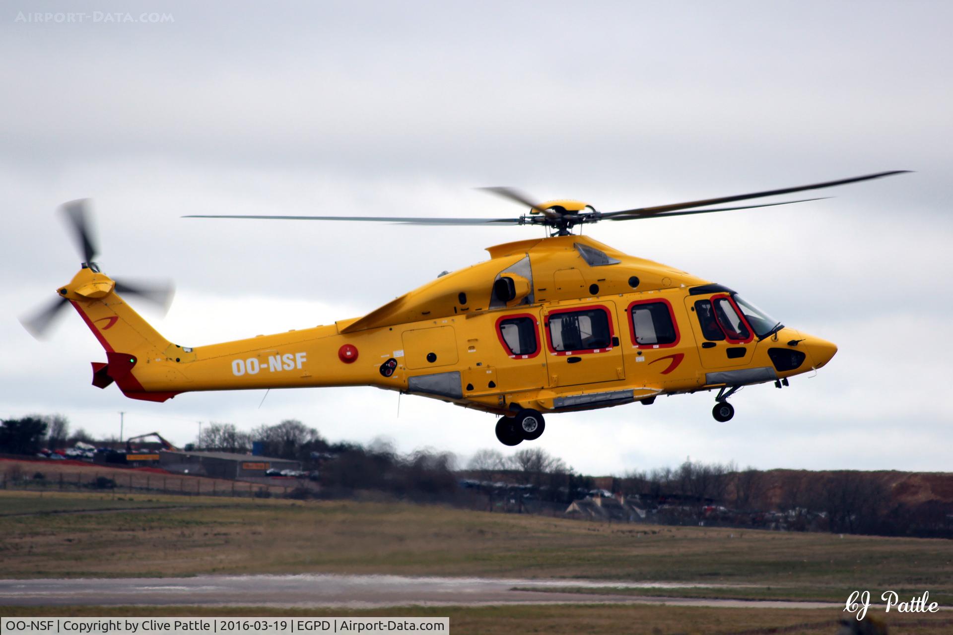 OO-NSF, 2015 Airbus Helicopters EC-175B C/N 5005, Arriving at Aberdeen airport EGPD at 1245hrs local time 2016-03-19 lon its delivery flight for newly based NHV Helicopters. To join sister ships 'D' and 'E' already in situ.