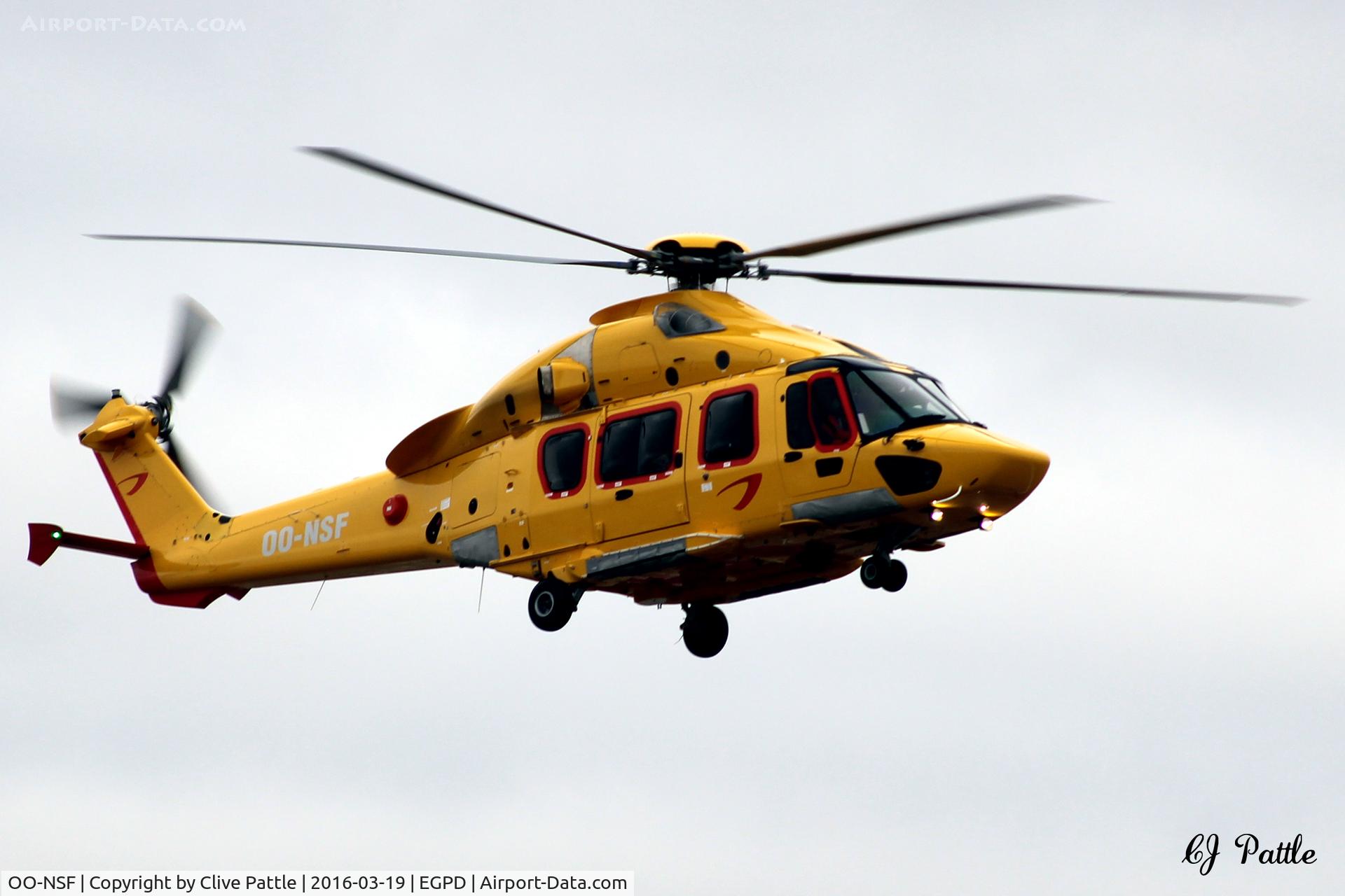 OO-NSF, 2015 Airbus Helicopters EC-175B C/N 5005, Approaching Aberdeen airport EGPD at 1245hrs local time 2016-03-19 on its delivery flight for newly based NHV Helicopters. To join sister ships 'D' and 'E' already in situ.