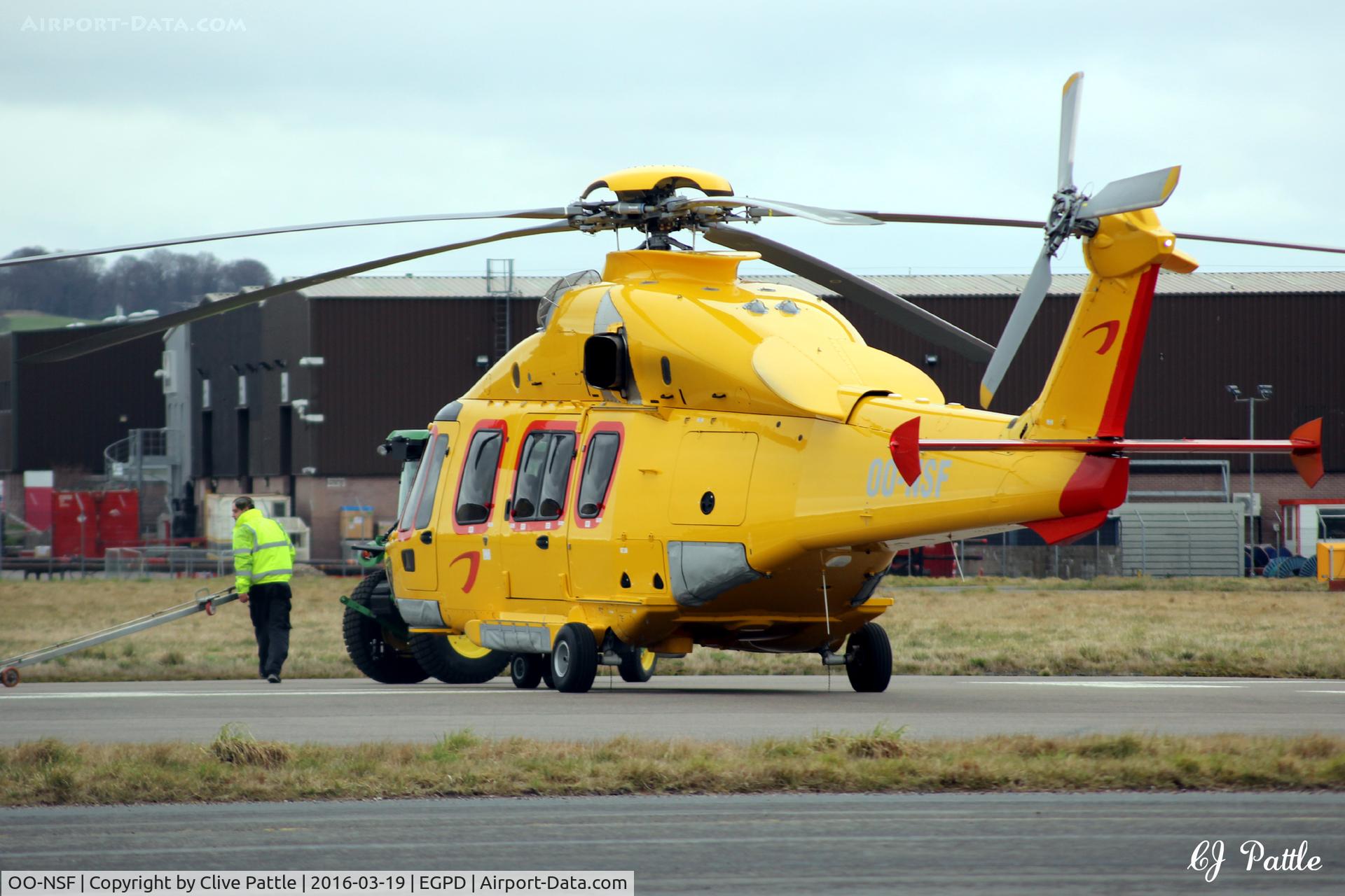 OO-NSF, 2015 Airbus Helicopters EC-175B C/N 5005, At Aberdeen airport EGPD having landed at 1245hrs local time 2016-03-19 on its delivery flight for newly based NHV Helicopters. To join sister ships 'D' and 'E' already in situ.