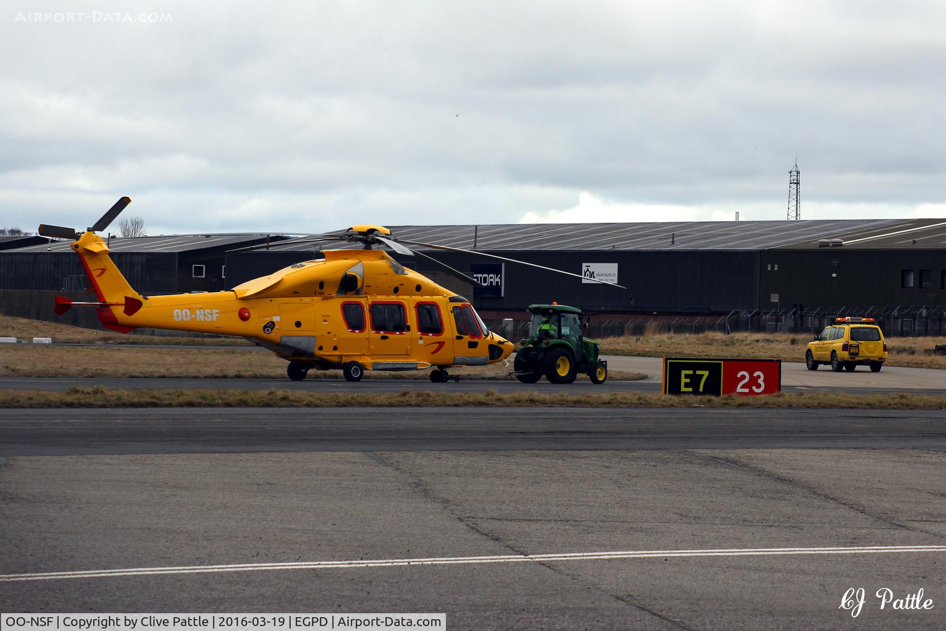 OO-NSF, 2015 Airbus Helicopters EC-175B C/N 5005, At Aberdeen airport EGPD at 1245hrs local time 2016-03-19 on its delivery flight for newly based NHV Helicopters. Being towed to to its new hangar to join sister ships 'D' and 'E' also recent arrivals.