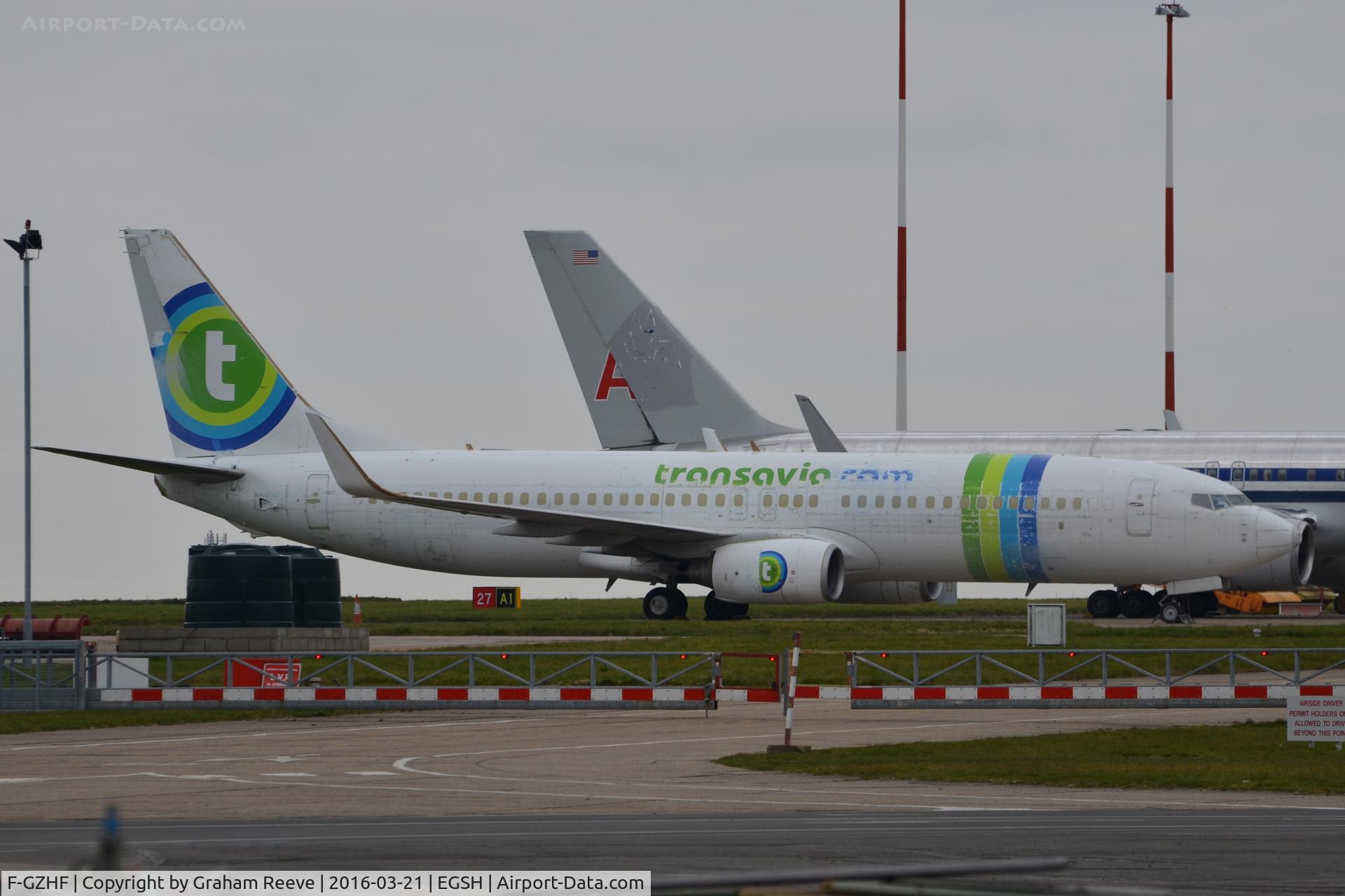 F-GZHF, 2009 Boeing 737-8K2 C/N 29677, Parked at Norwich after being removed from a hangar during being re-sprayed where the roof caught fire.