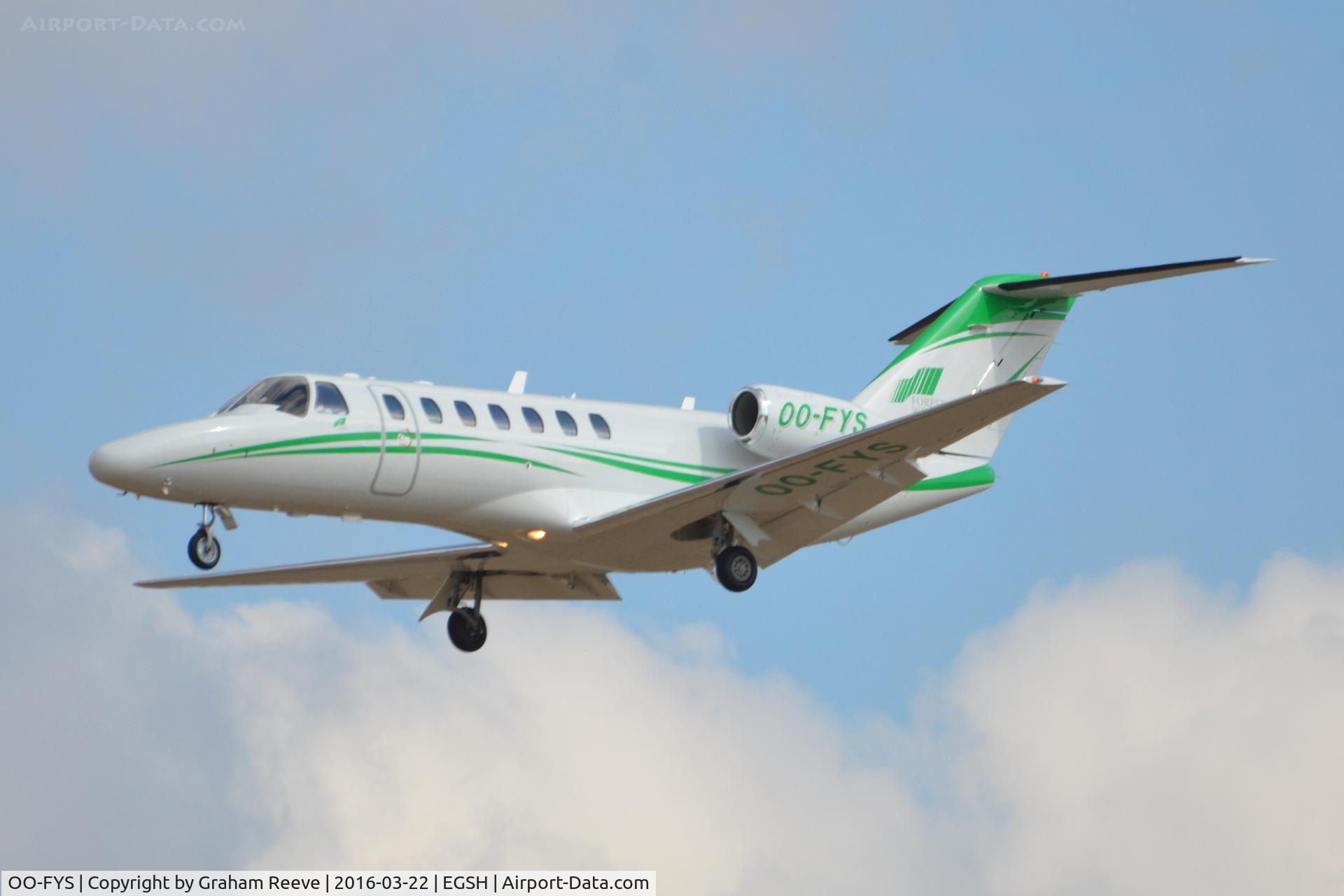 OO-FYS, 2007 Cessna 525B CitationJet CJ3 C/N 525B-0197, Landing at Norwich.