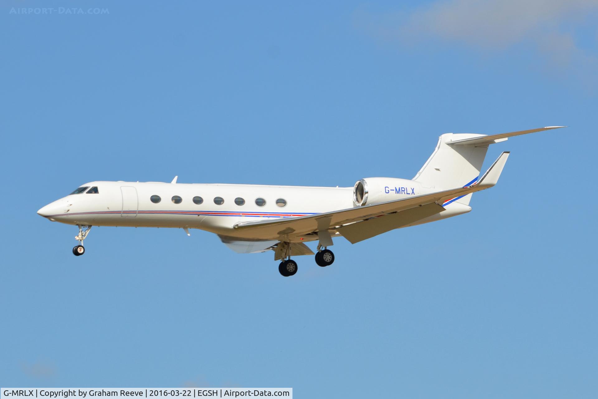 G-MRLX, 2012 Gulfstream Aerospace GV-SP C/N 5396, Landing at Norwich.