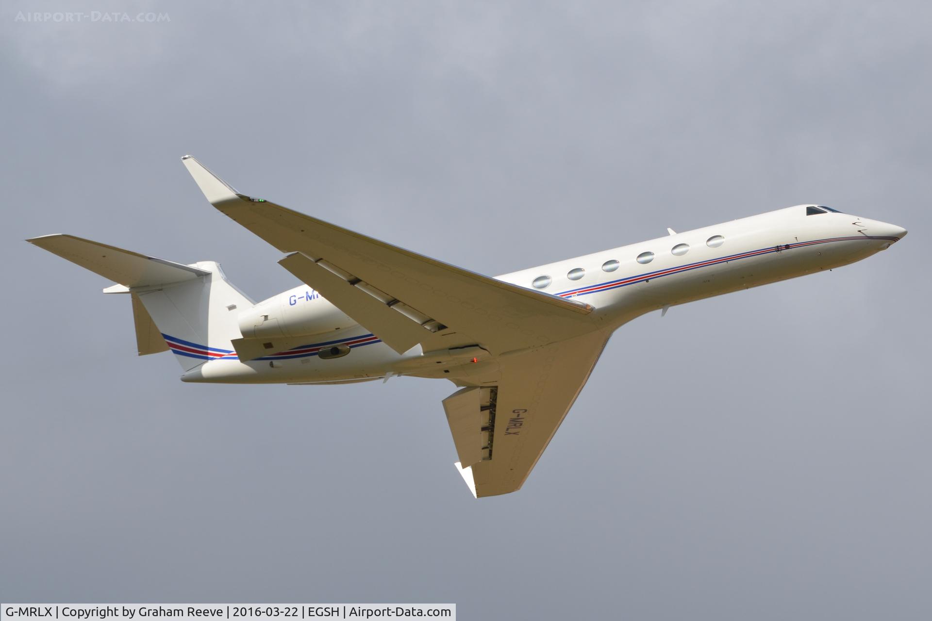 G-MRLX, 2012 Gulfstream Aerospace GV-SP C/N 5396, Departing from Norwich.