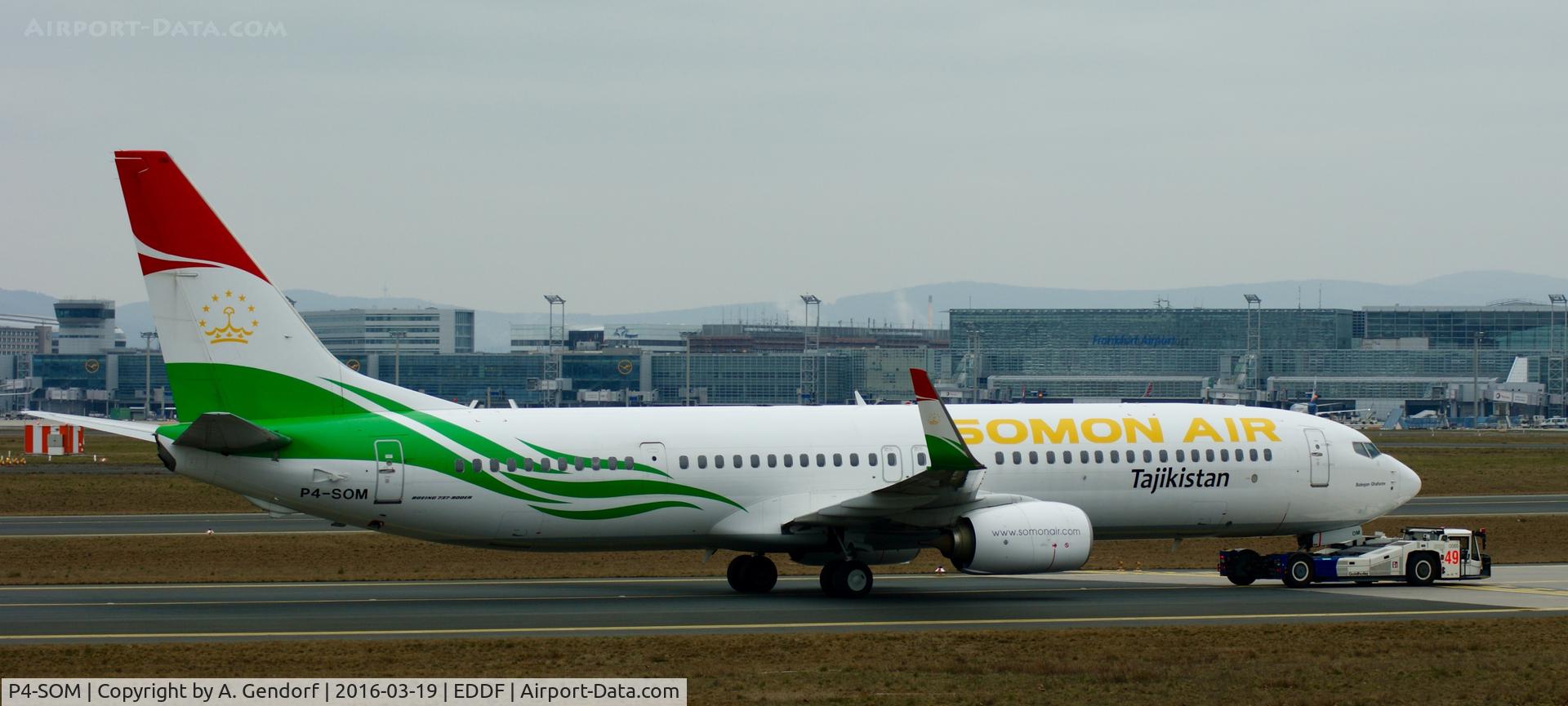P4-SOM, 2011 Boeing 737-93Y/ER C/N 40889, Somon Air, is here been towed to the terminal at Frankfurt Rhein/Main(EDDF)