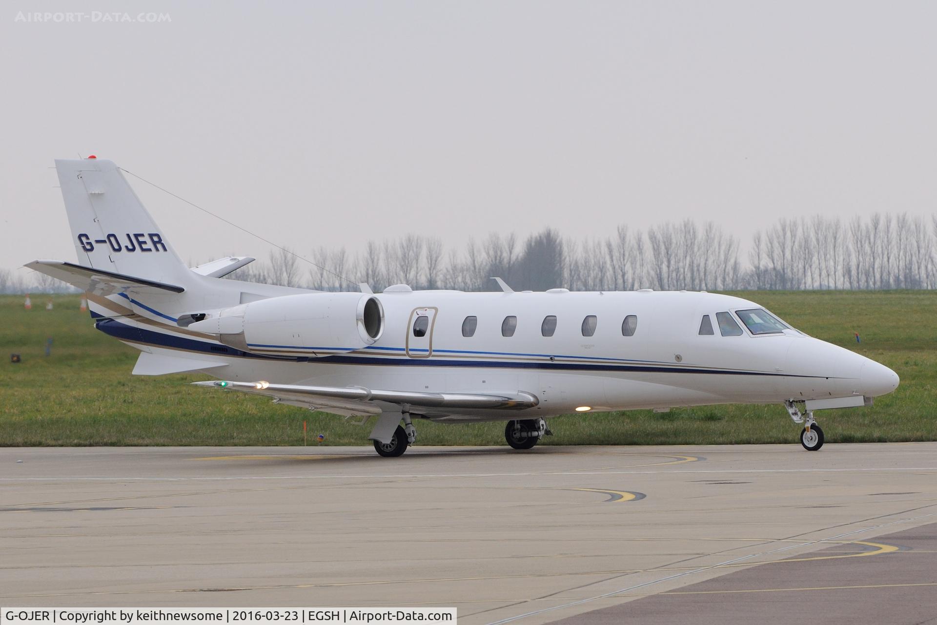 G-OJER, 2013 Cessna 560XL Citation XLS+ C/N 560-6148, Leaving Norwich.