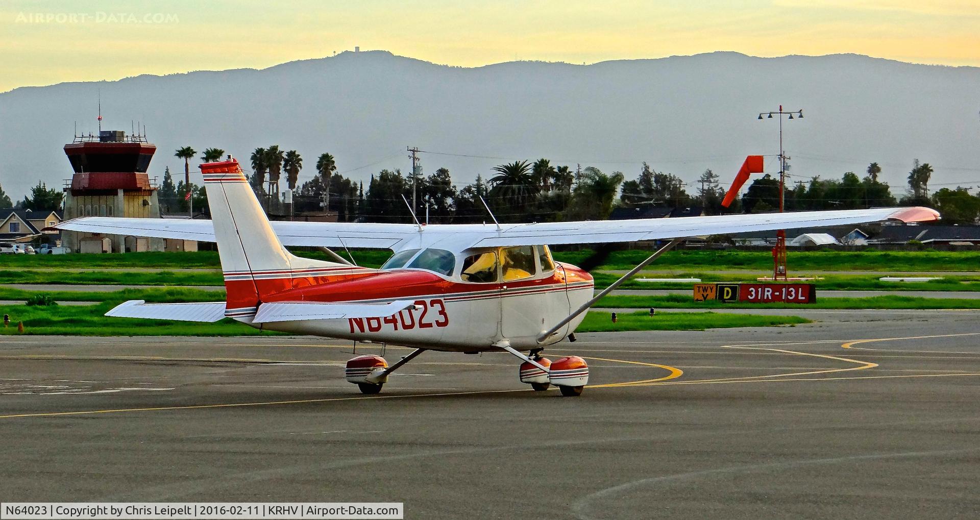 N64023, 1975 Cessna 172M C/N 17264969, Locally-based 1975 Cessna 172M taxing out for a local departure with the sunset at Reid Hillview Airport, San Jose, CA.