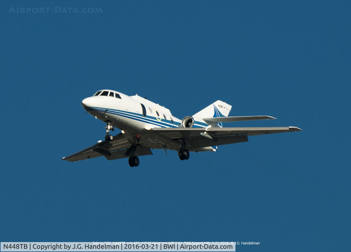 N448TB, Dassault HU-25A Guardian C/N 439, On final to 33R.  Ex-USCG 2125. Registered to USAF Hanscom AFB MA.  Ex-NASA N523NA.