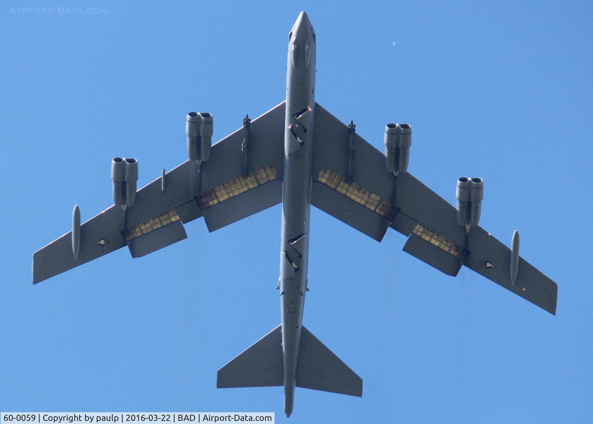 60-0059, 1960 Boeing B-52H Stratofortress C/N 464424, At Barksdale Air Force Base. Landing gear is just starting to open. Empty weapons pods. Busy BUFF.