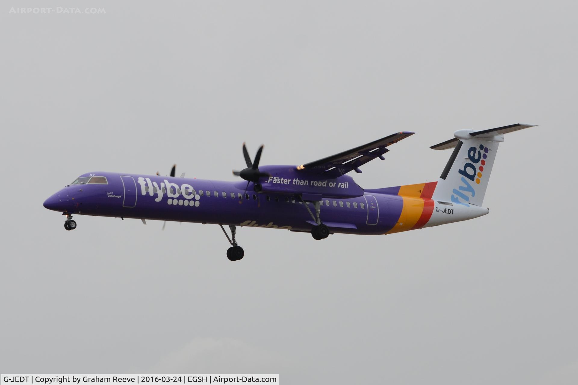 G-JEDT, 2003 De Havilland Canada DHC-8-402Q Dash 8 C/N 4088, Landing at Norwich.