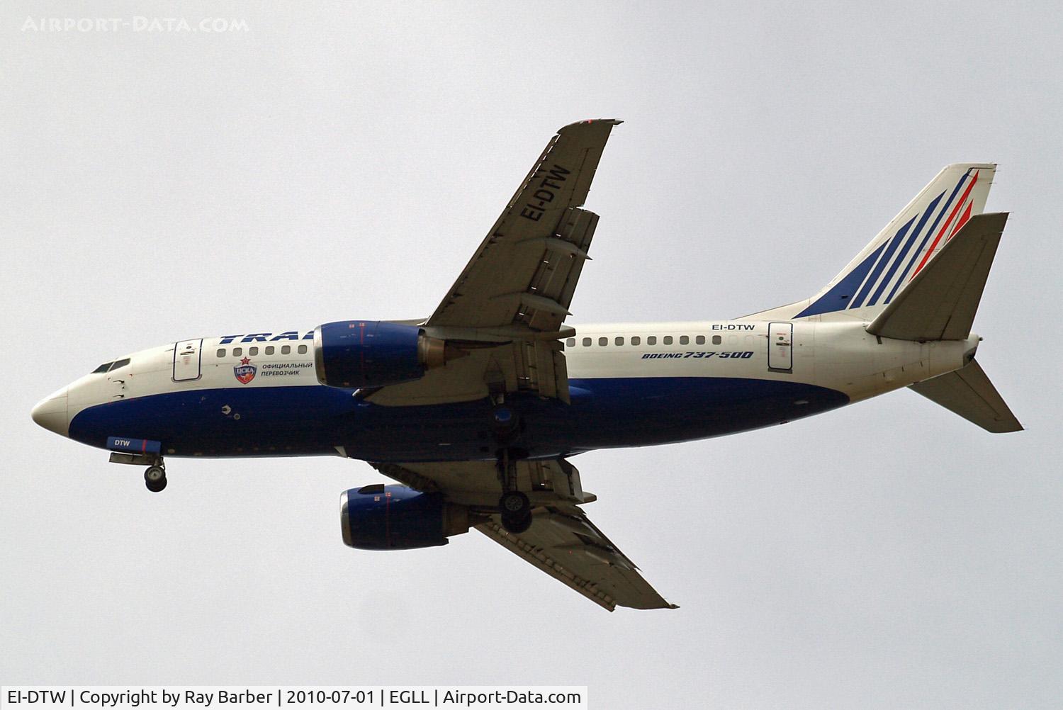 EI-DTW, 1999 Boeing 737-5Y0 C/N 25188, Boeing 737-5Y0 [25188] (Transaero Airlines) Home~G 01/07/2010. On approach 27R.