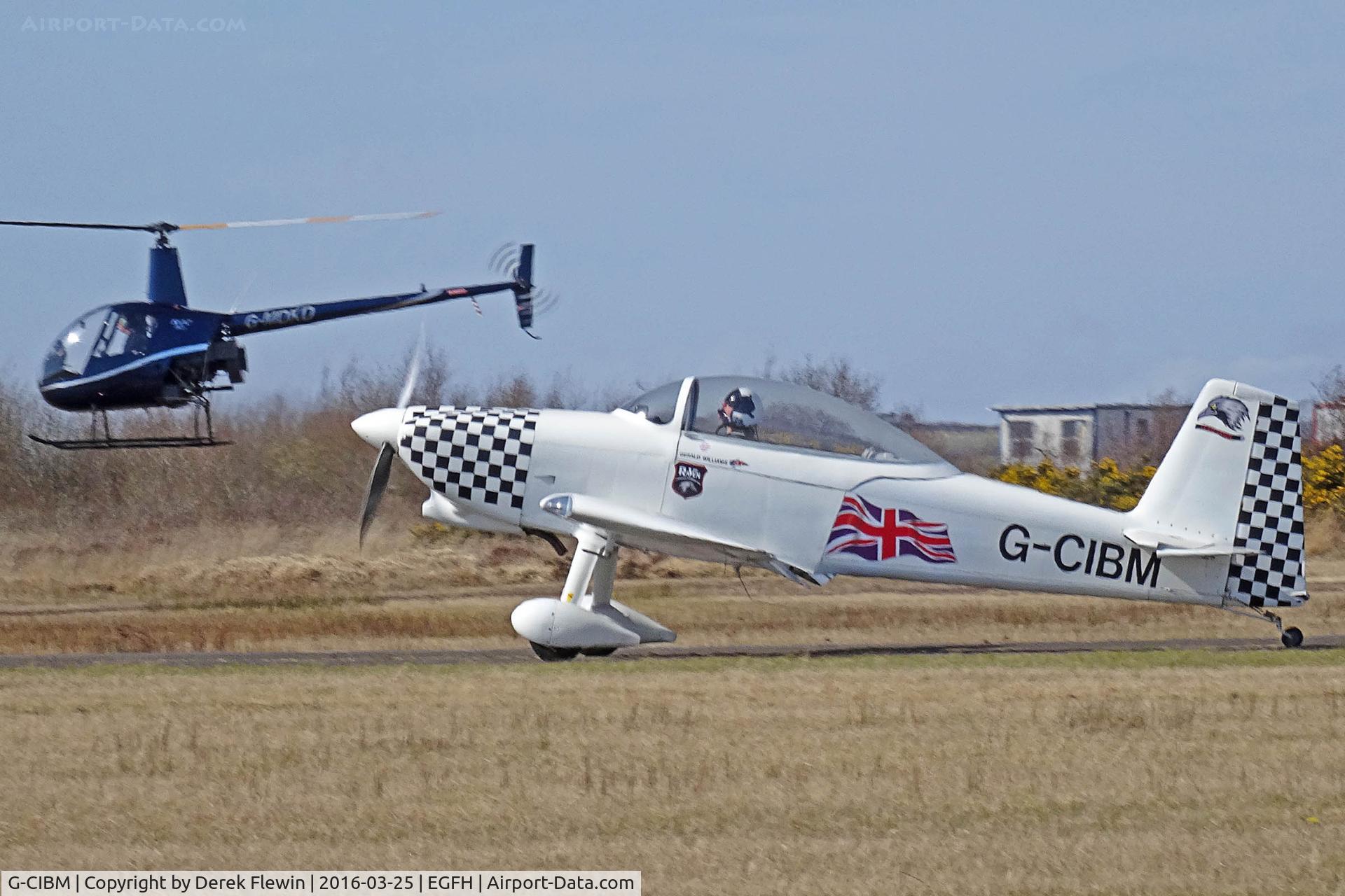 G-CIBM, 2013 Vans RV-8 C/N LAA 303-15083, RV-8, Ravens Fomation Team, Swansea based, taxxing back after practicing at EGFP, seen in its 2016 colour scheme. Heli-Air Wales G-MDKD seen also.