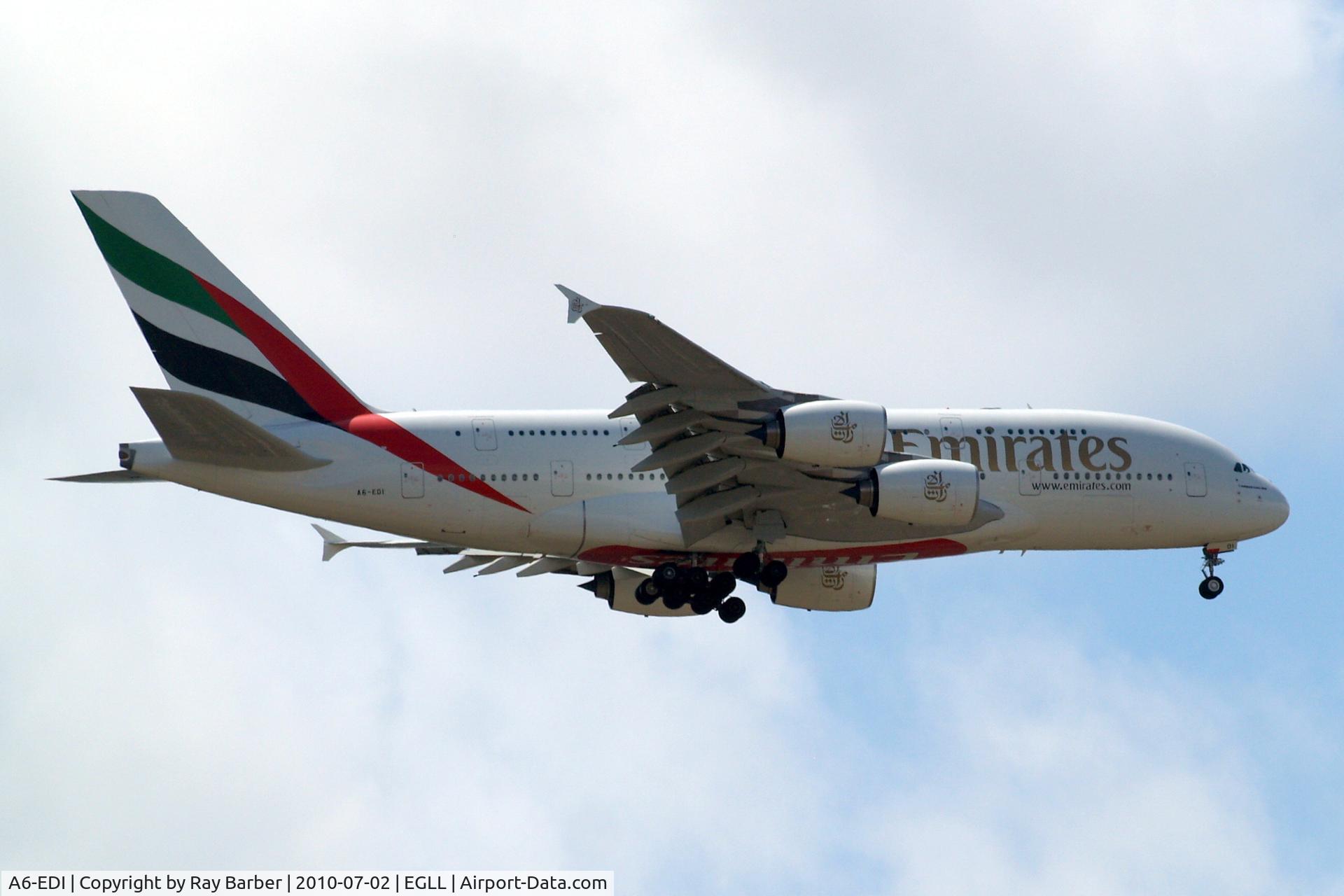 A6-EDI, 2009 Airbus A380-861 C/N 028, Airbus A380-861 [028] (Emirates Airlines) Home~G 02/07/2010. On approach 27L.