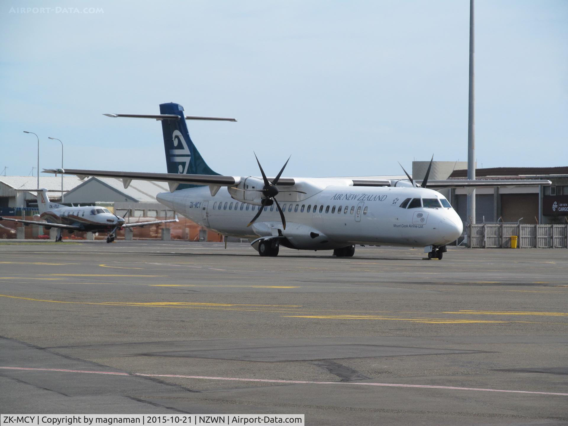 ZK-MCY, 2003 ATR 72-212A C/N 703, on prop apron at middle earth