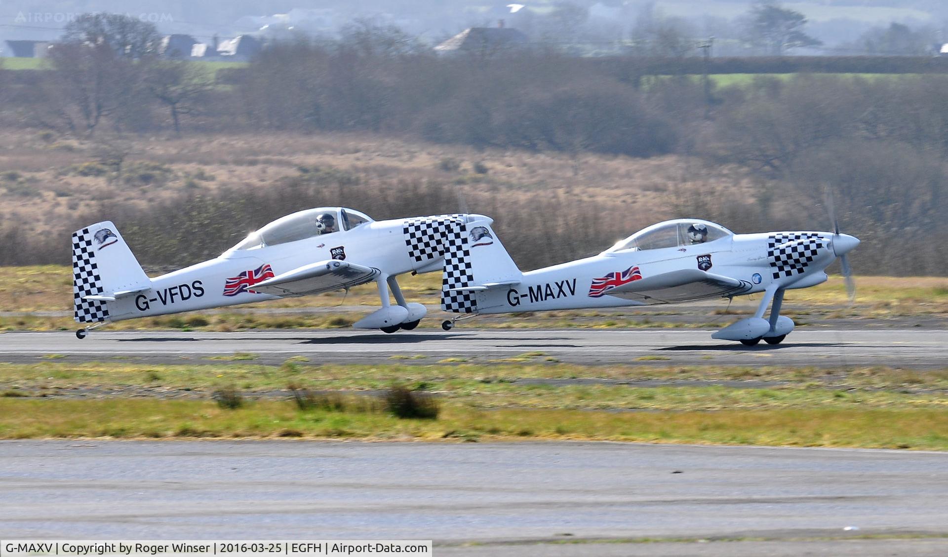 G-MAXV, 2000 Vans RV-4 C/N PFA 181-13266, Visiting RV-4 (Raven 1) departing Runway 28 with resident Vans RV-8 G-VFDS (Raven 2) for Team Raven  formation change practice. Note new markings for the 2016 display season.