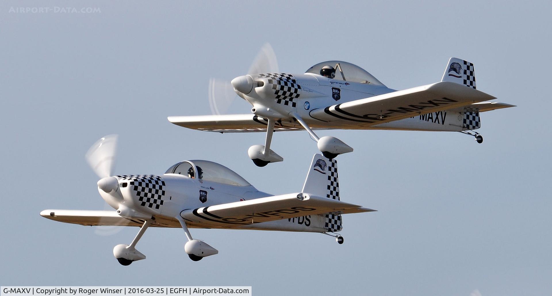 G-MAXV, 2000 Vans RV-4 C/N PFA 181-13266, Team Raven formation take-off from Runway 22.
Raven 1 (G-MAXV) leading RV-8 Raven 2 (G-VDFS).