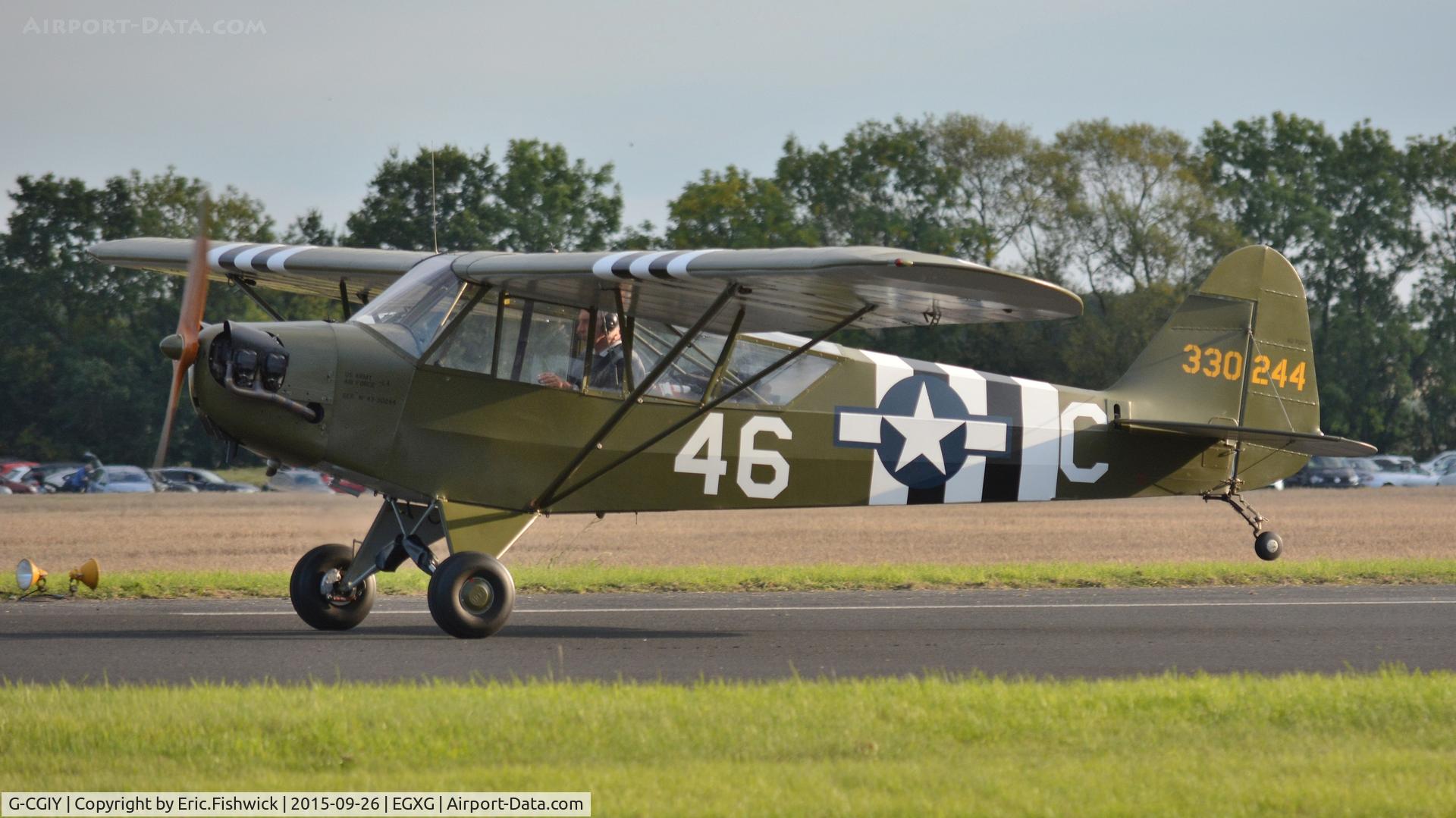 G-CGIY, 1943 Piper L-4H Grasshopper (J3C-65D) C/N 11535, 3. 330244 departing The Yorkshire Air Show, Church Fenton, Sept. 2015.