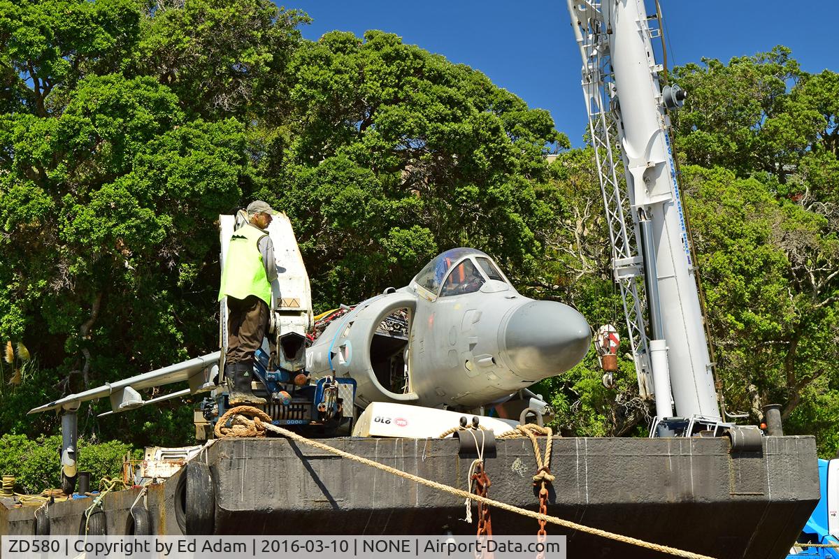 ZD580, British Aerospace Sea Harrier F/A.2 C/N 912043/B37/P17, British Aerospace Sea Harrier F/A.2 ZD580 being delivered by barge for installation on private property in Aukland, NZ in March 2016.