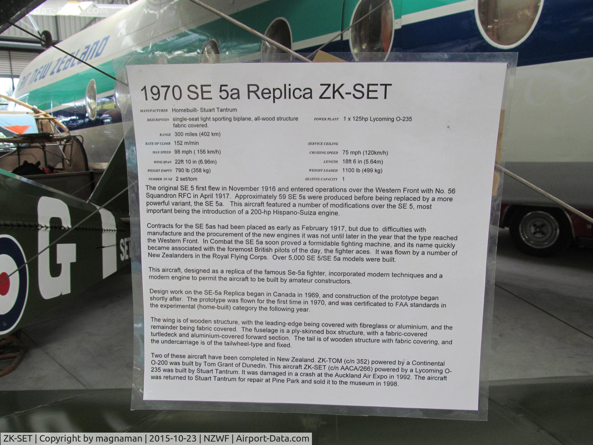 ZK-SET, Sopwith SE-5A Replica C/N AACA/266, details of this aircraft