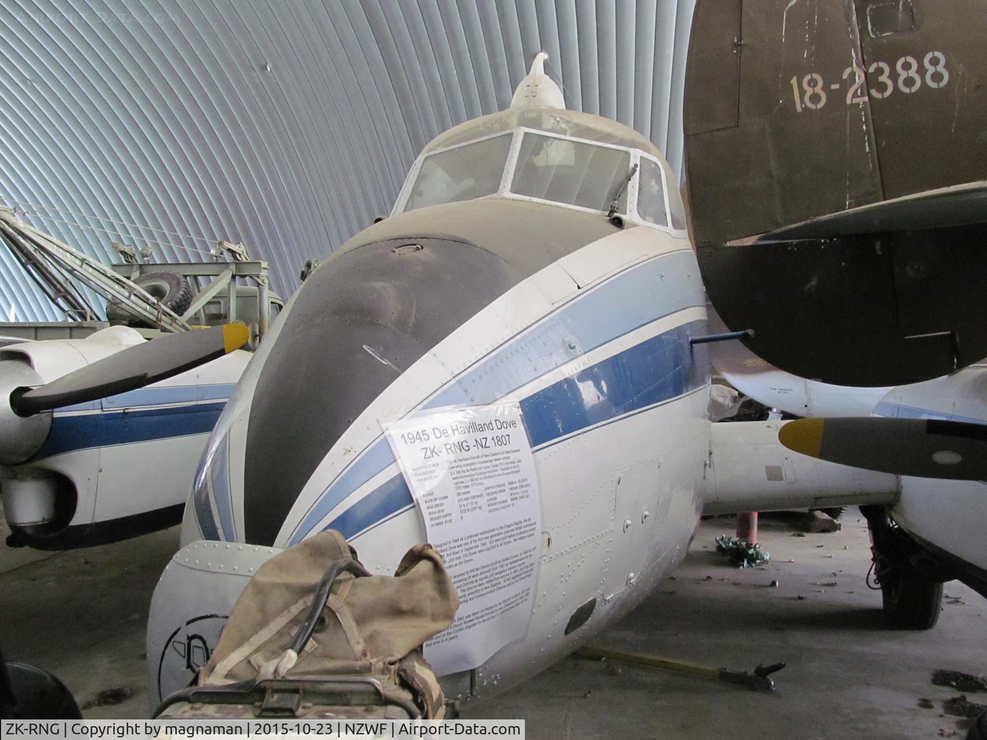 ZK-RNG, De Havilland DH-104 Dove 1B C/N 04323, in cramped hangar