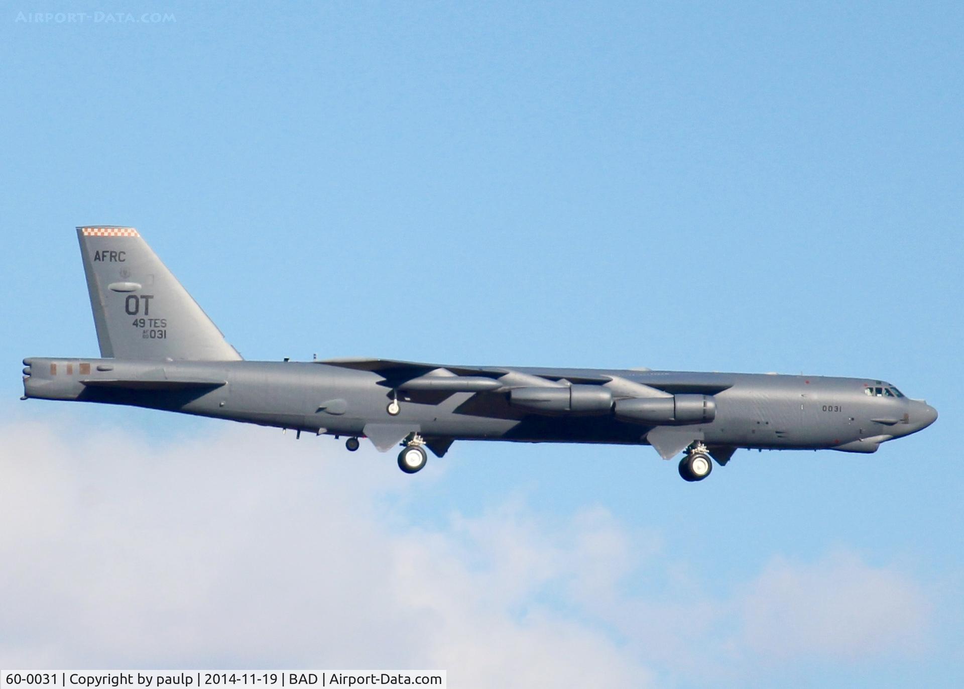 60-0031, 1960 Boeing B-52H Stratofortress C/N 464396, At Barksdale Air Force Base. Has the OT tail in place of the LA or BD tail on all the BUFF's tails at Barksdale.